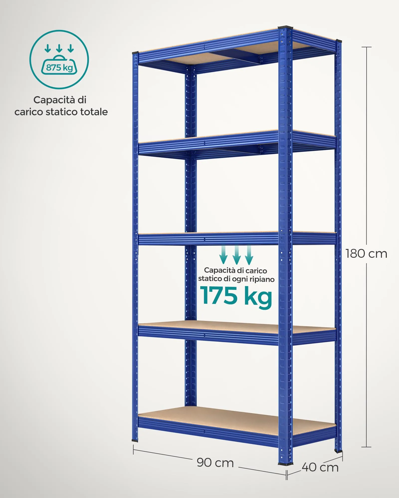 SONGMICS Set di 2 Scaffali in Metallo a 5 Ripiani Regolabili, 40 x 90 x 180 cm, Blu GLR040Q02 - immagine 7