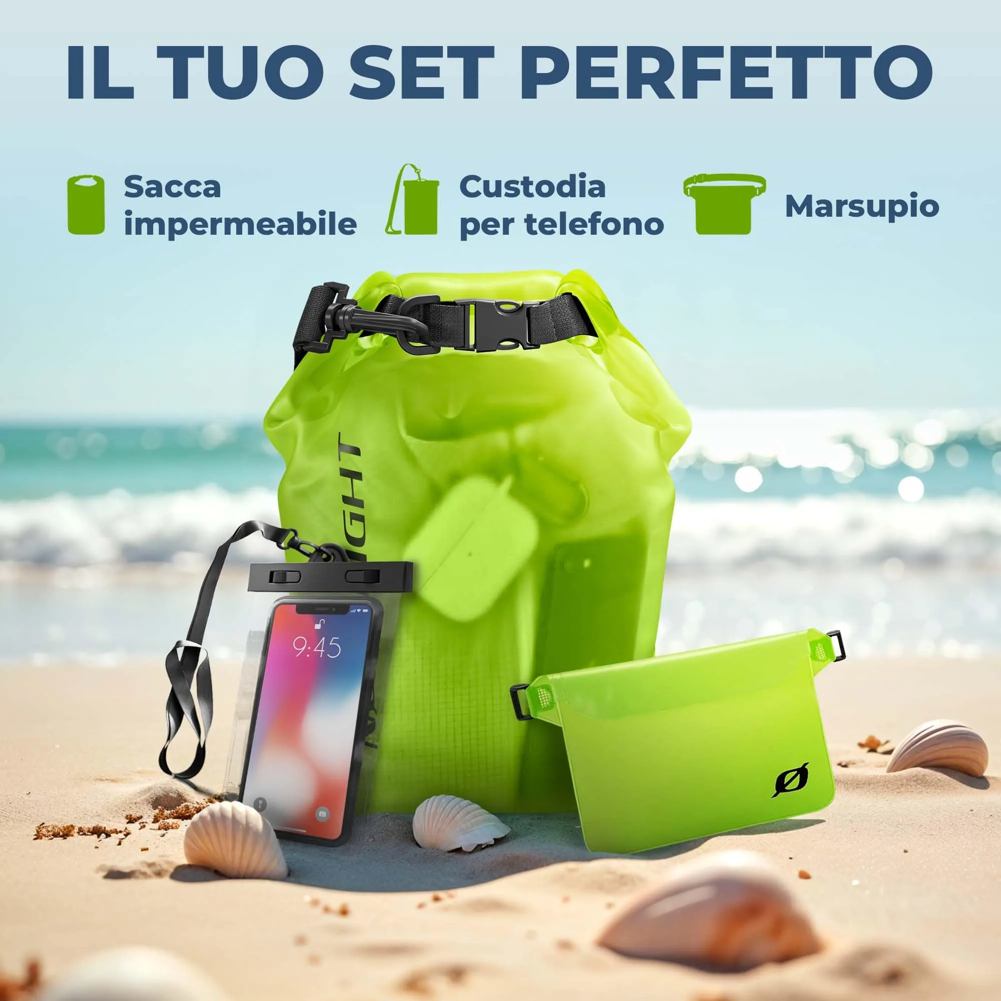 Nordlight Dry Bag Set con Custodia per Cellulare e Marsupio (10L, Verde) - immagine 2