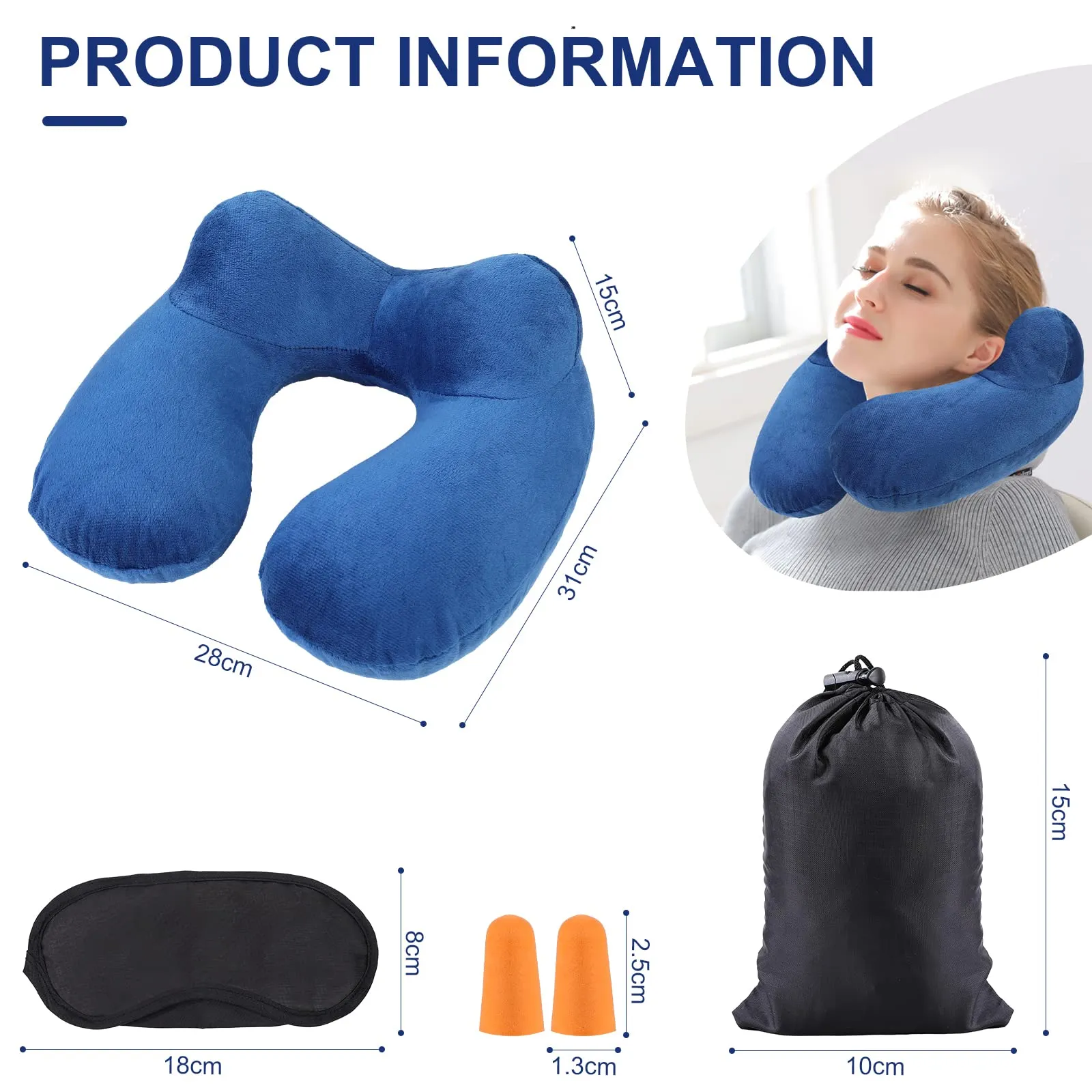 AiQInu Cuscino da Viaggio Gonfiabile per Collo con Federa Lavabile, Tappi per le Orecchie, Maschera e Borsa per Trasporto - immagine 2