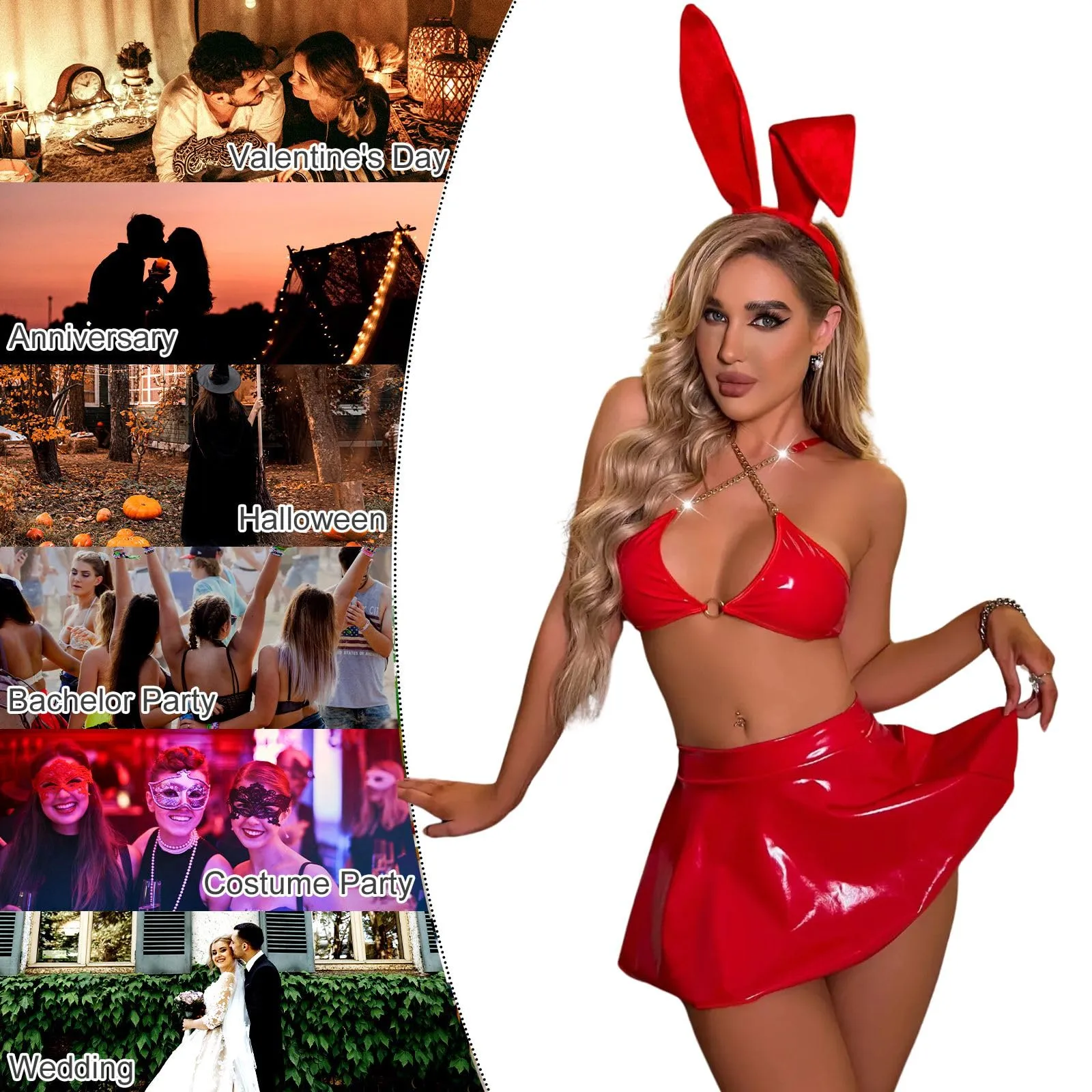 ROSVAJFY Costume da Coniglietta Sexy in Pelle per Donna Set Lingerie Cosplay con Fascia e Intimo (Rosso) - immagine 6