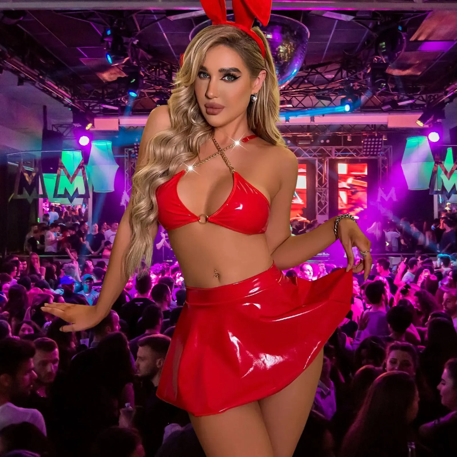 ROSVAJFY Costume da Coniglietta Sexy in Pelle per Donna Set Lingerie Cosplay con Fascia e Intimo (Rosso) - immagine 7