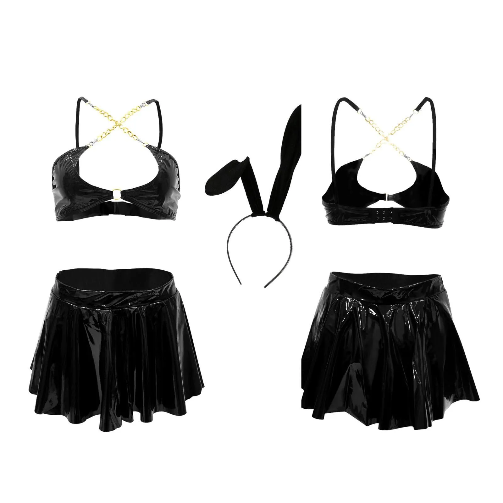 ROSVAJFY Costume Coniglio Sexy Donna Set Lingerie Pelle Cosplay Outfit con Fascia (Nero) - immagine 4