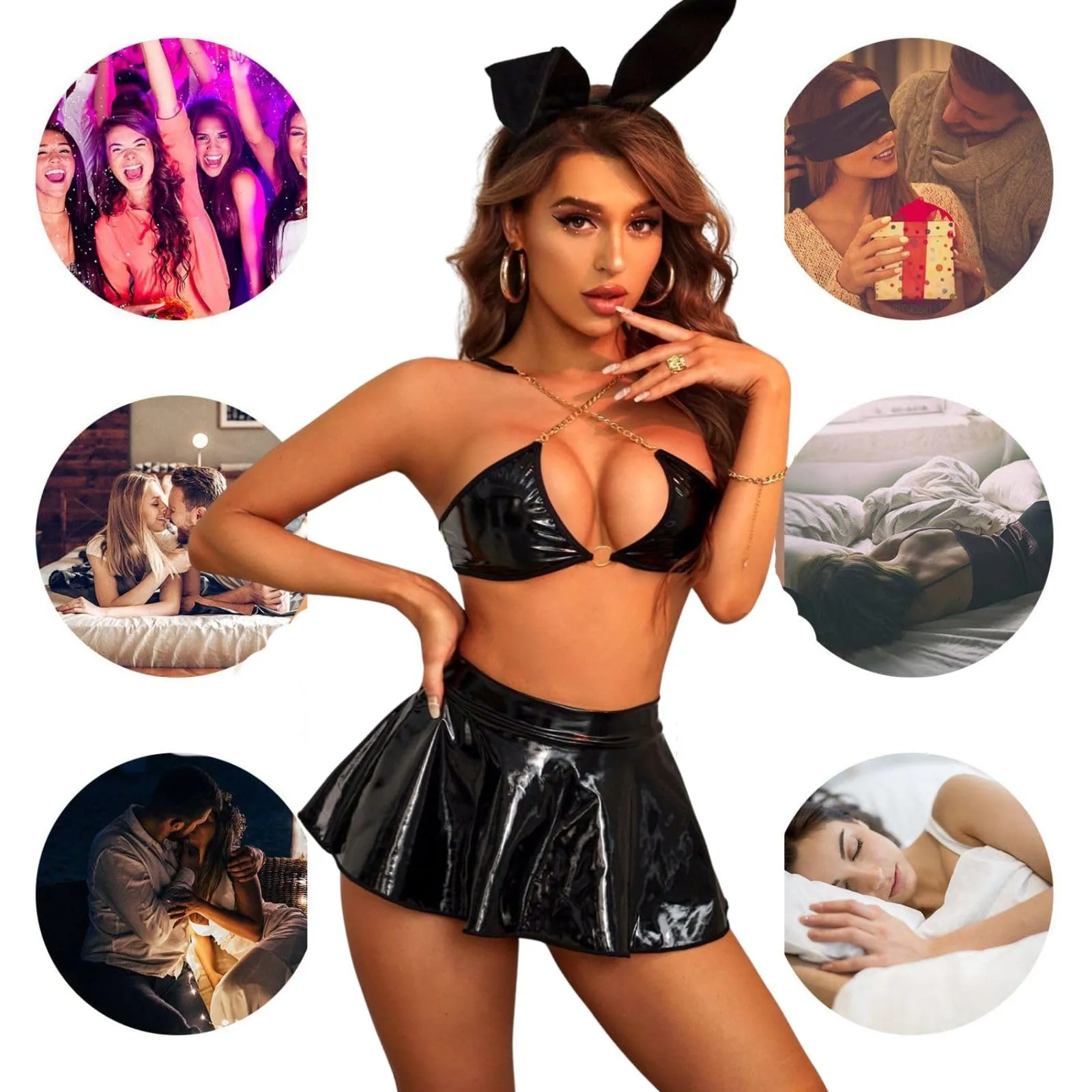 ROSVAJFY Costume Coniglio Sexy Donna Set Lingerie Pelle Cosplay Outfit con Fascia (Nero) - immagine 6