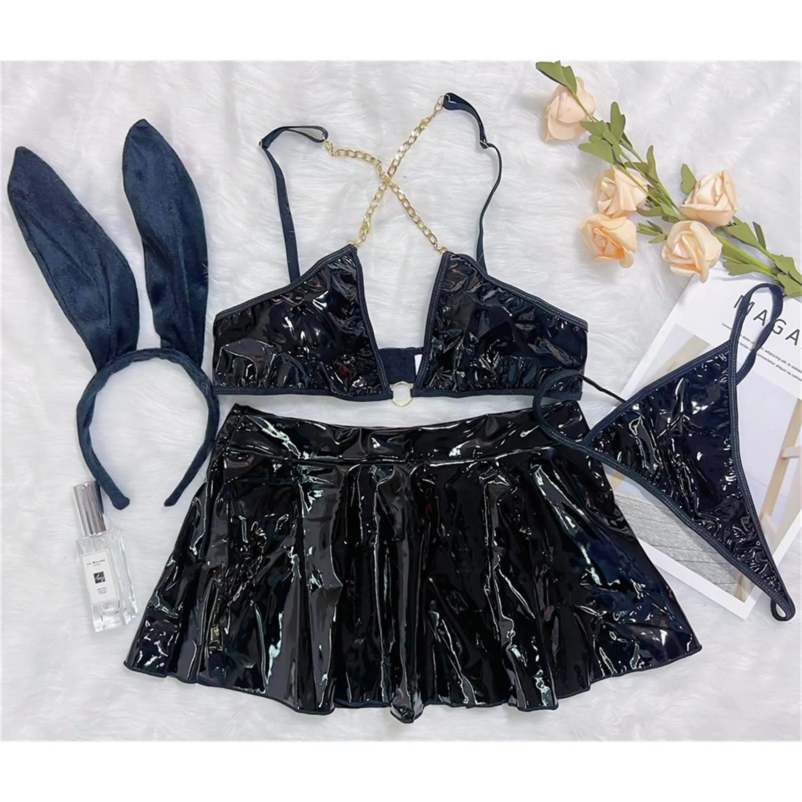 ROSVAJFY Costume Coniglio Sexy Donna Set Lingerie Pelle Cosplay Outfit con Fascia (Nero) - immagine 8