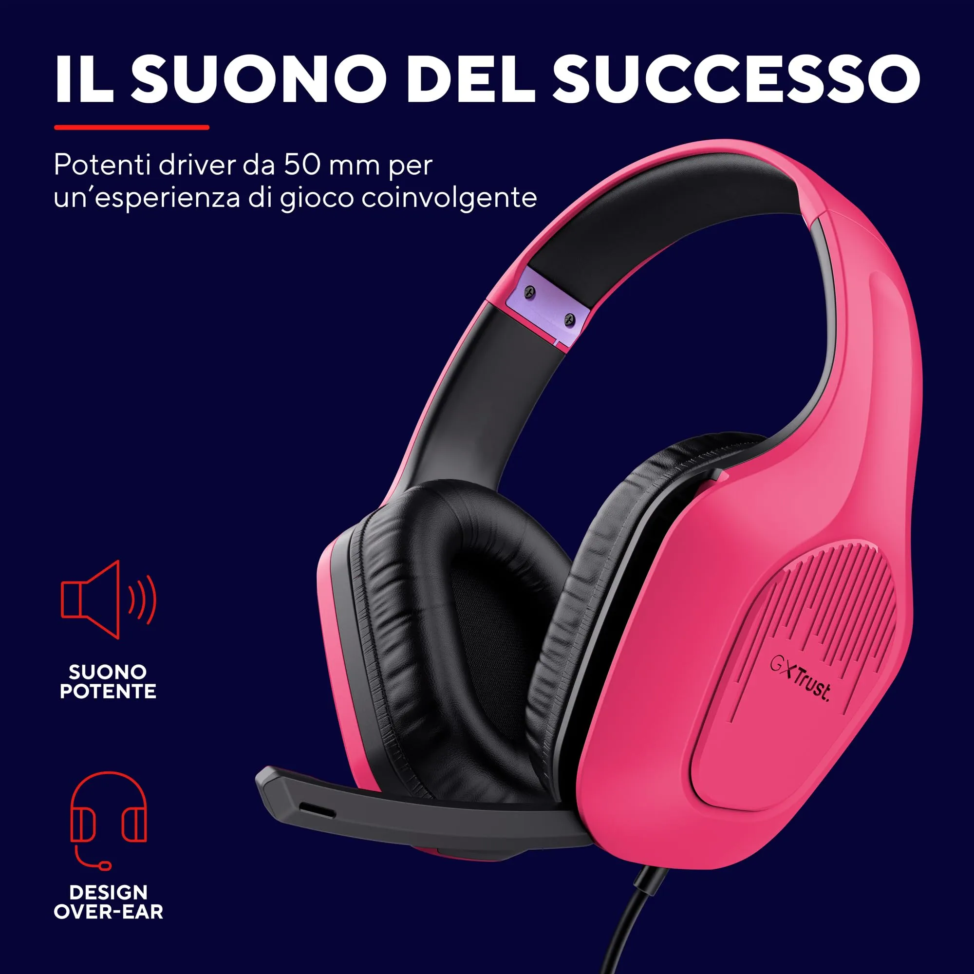 Trust Gaming GXT 415P Zirox Cuffie Gaming Rosa - Driver 50mm, Jack 3.5mm, PC, Xbox, PS4, PS5, Switch, Mobile - immagine 3
