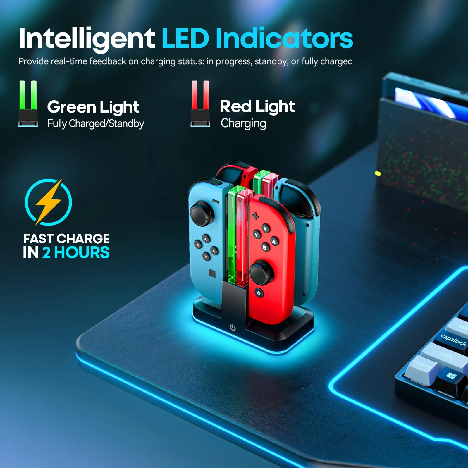 Rysker Stazione di Ricarica Joycon per Nintendo Switch e OLED, Caricatore per 4 Controller con LED RGB, VG-SW441 - immagine 2