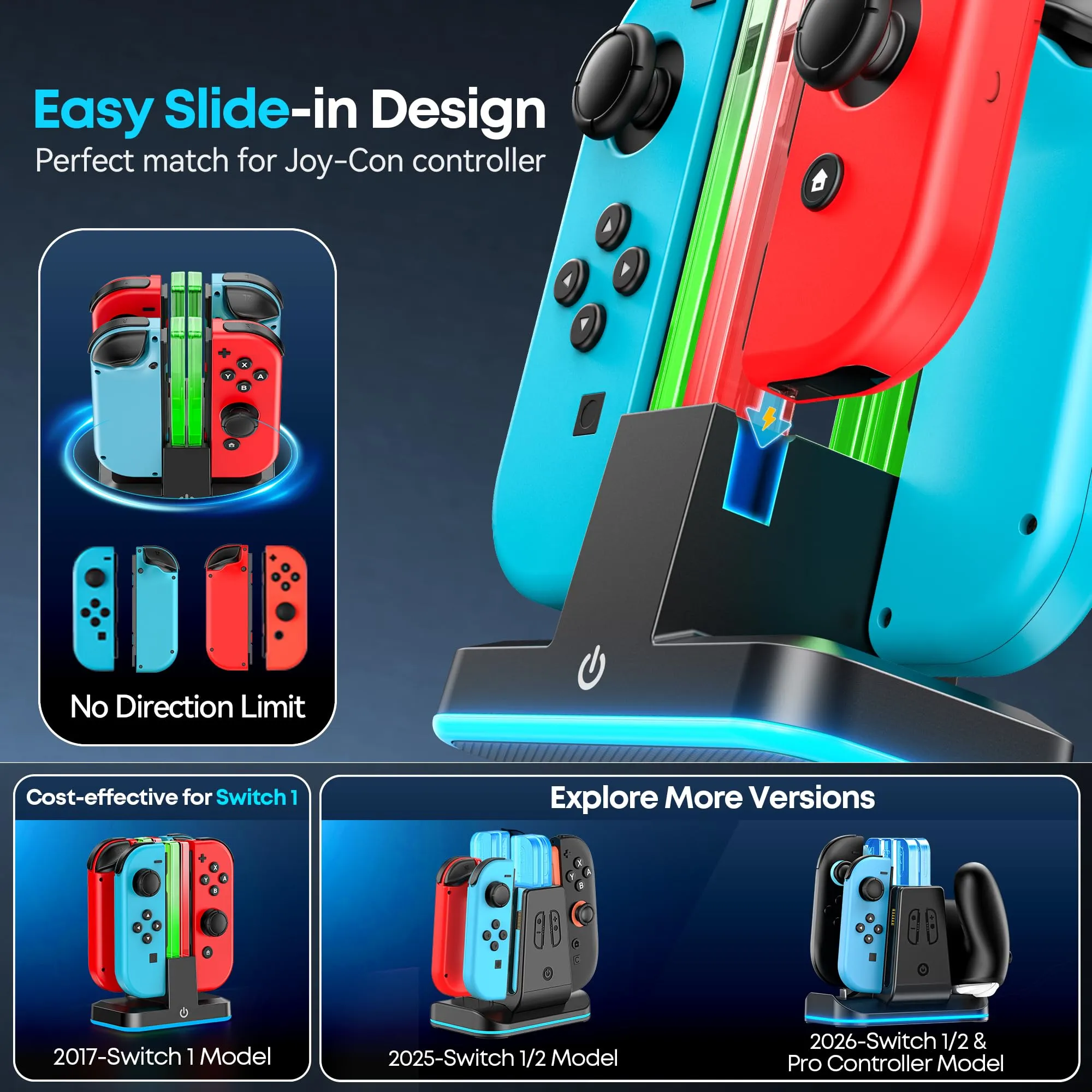 Rysker Stazione di Ricarica Joycon per Nintendo Switch e OLED, Caricatore per 4 Controller con LED RGB, VG-SW441 - immagine 3