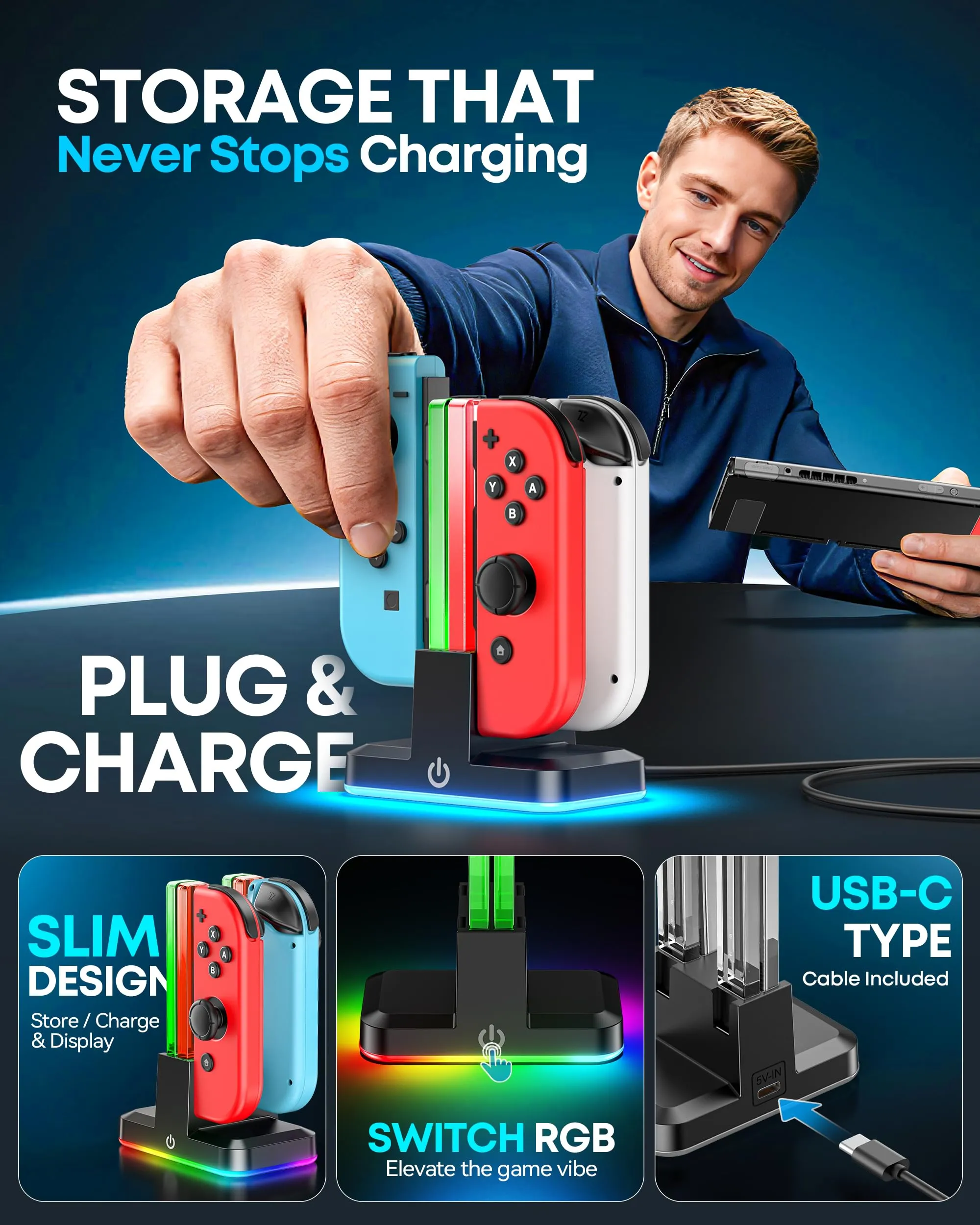 Rysker Stazione di Ricarica Joycon per Nintendo Switch e OLED, Caricatore per 4 Controller con LED RGB, VG-SW441 - immagine 4