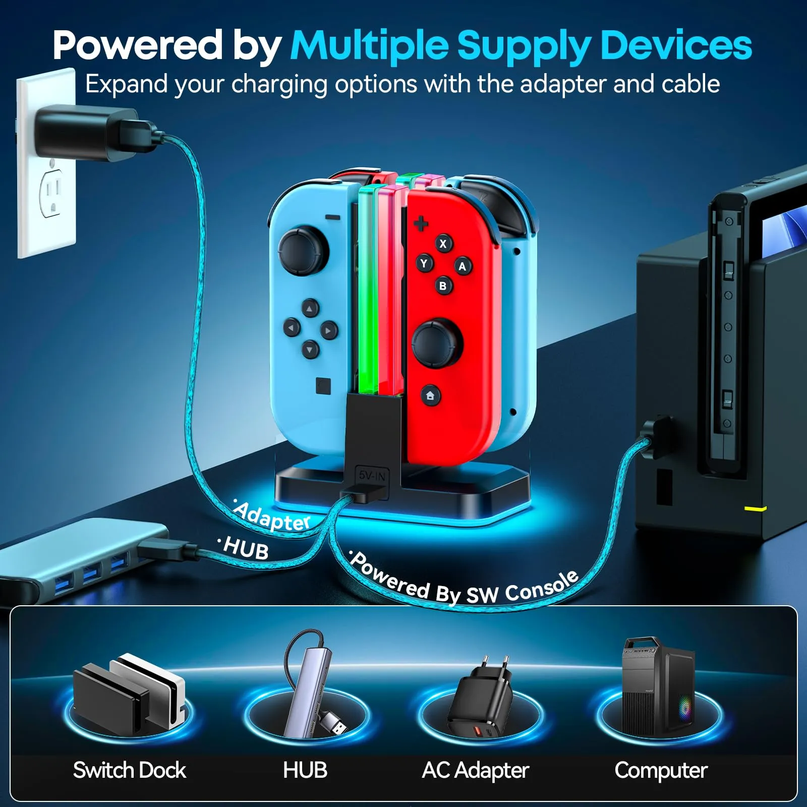 Rysker Stazione di Ricarica Joycon per Nintendo Switch e OLED, Caricatore per 4 Controller con LED RGB, VG-SW441 - immagine 5