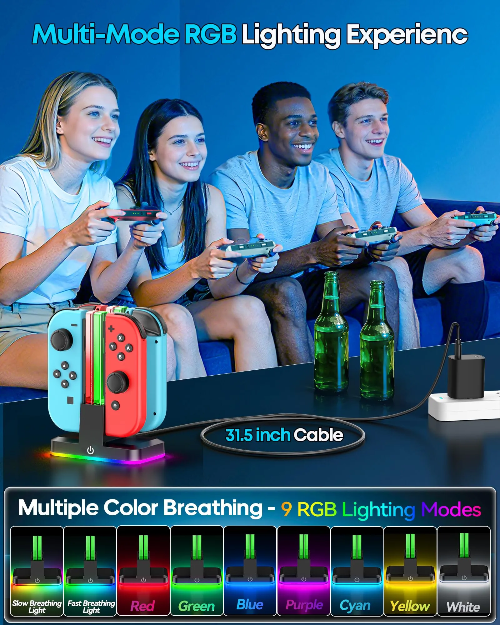 Rysker Stazione di Ricarica Joycon per Nintendo Switch e OLED, Caricatore per 4 Controller con LED RGB, VG-SW441 - immagine 6