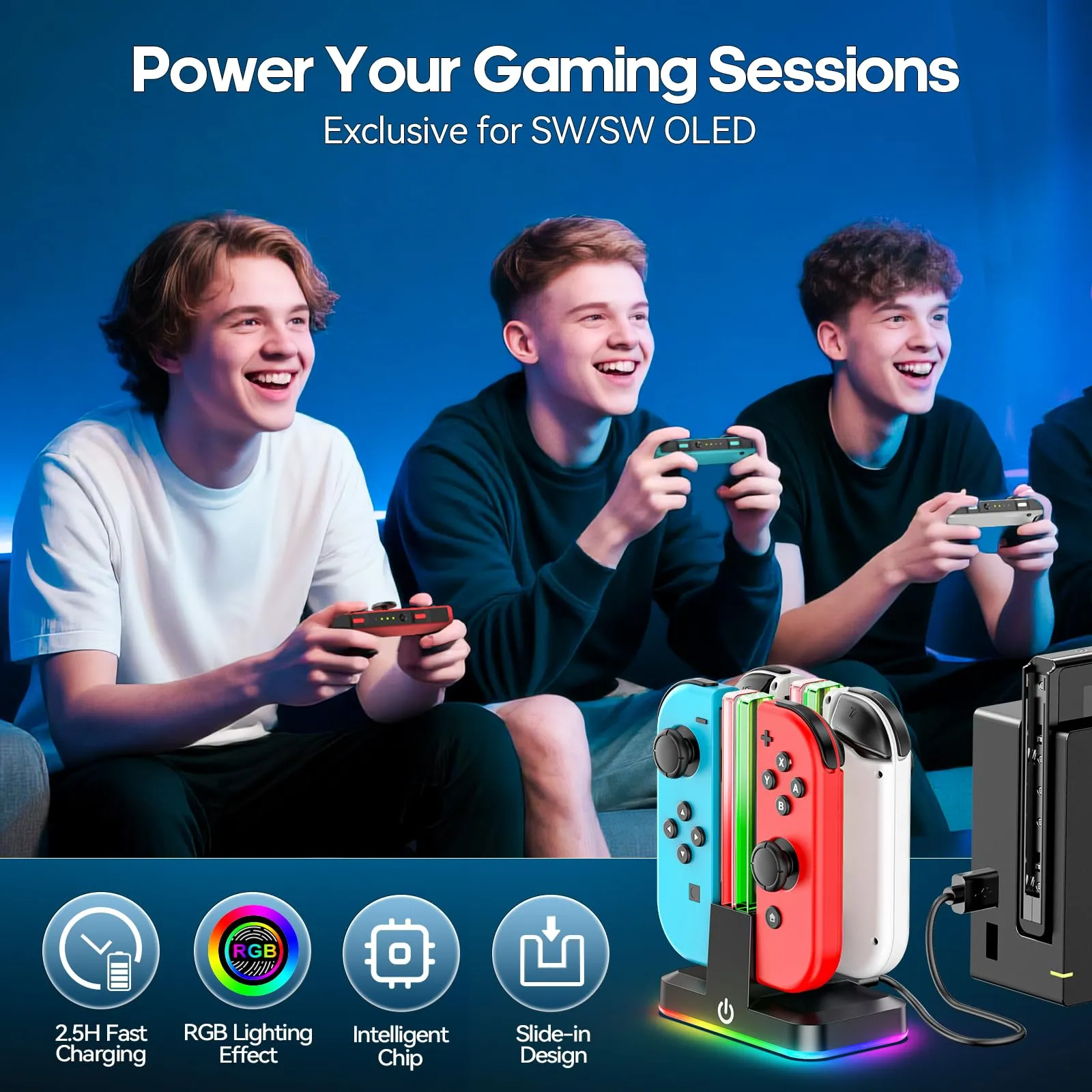 Rysker Stazione di Ricarica Joycon per Nintendo Switch e OLED, Caricatore per 4 Controller con LED RGB, VG-SW441 - immagine 7