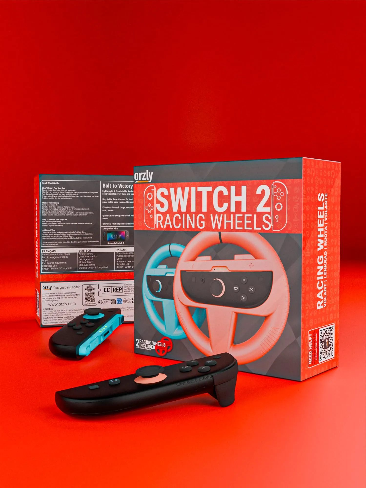 Orzly Volanti per Nintendo Switch 2, Accessori per Controller Joy-Con (1 Rosso, 1 Blu) Confezione Doppia - immagine 3