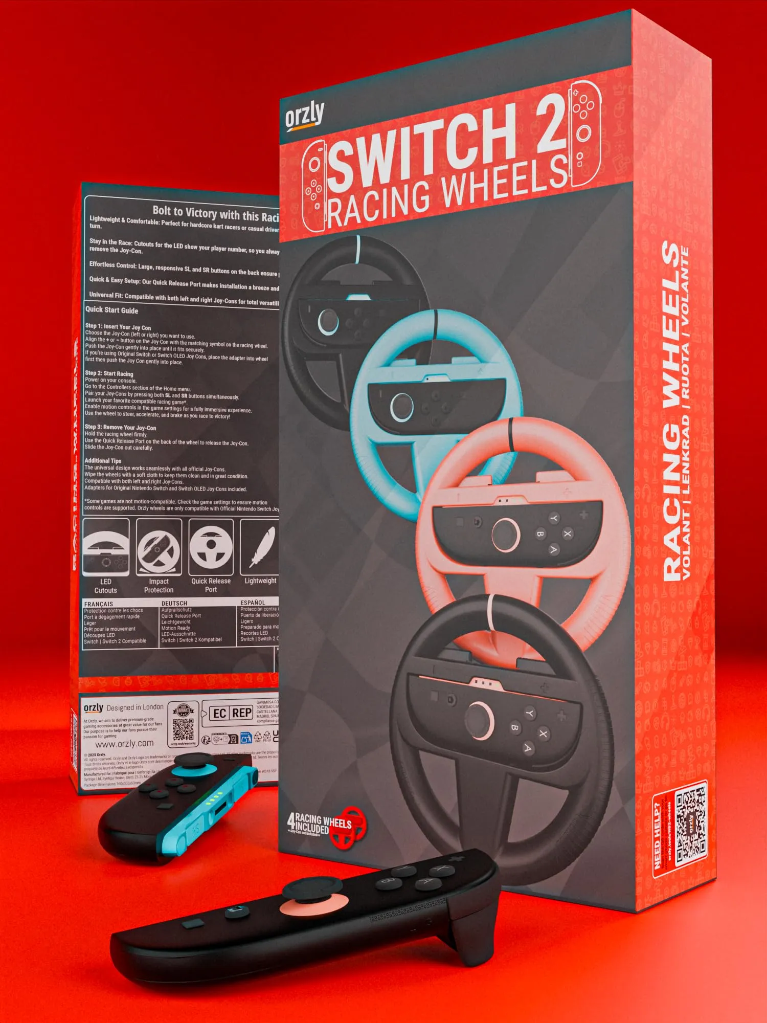 Orzly Volanti da Corsa per Nintendo Switch 2 Joy-Con, Confezione da 4 (2 Neri, 1 Blu, 1 Rosso) - immagine 3