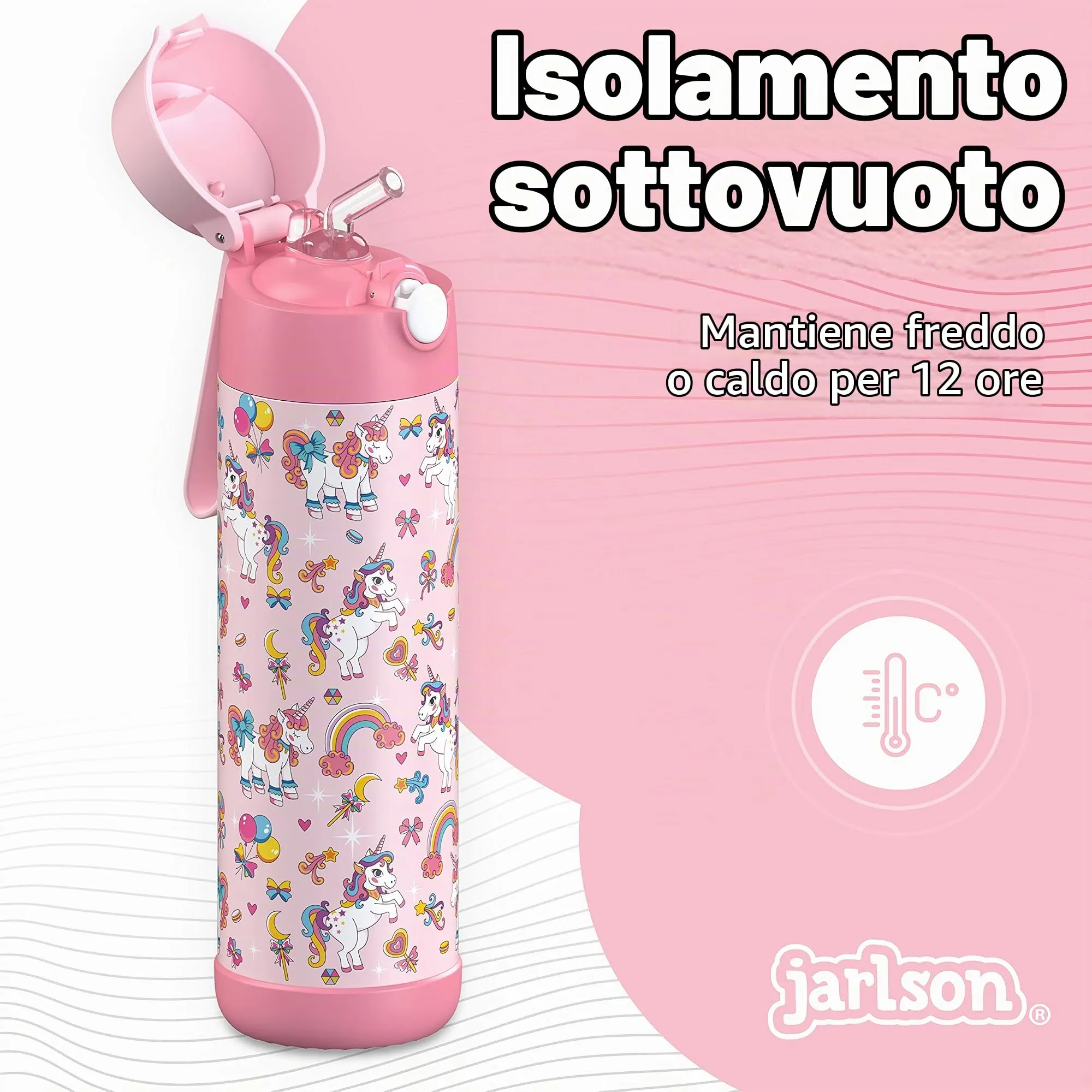 Jarlson Charli Borraccia Termica in Acciaio Inox con Cannuccia, 510 ml, Unicorno - immagine 2