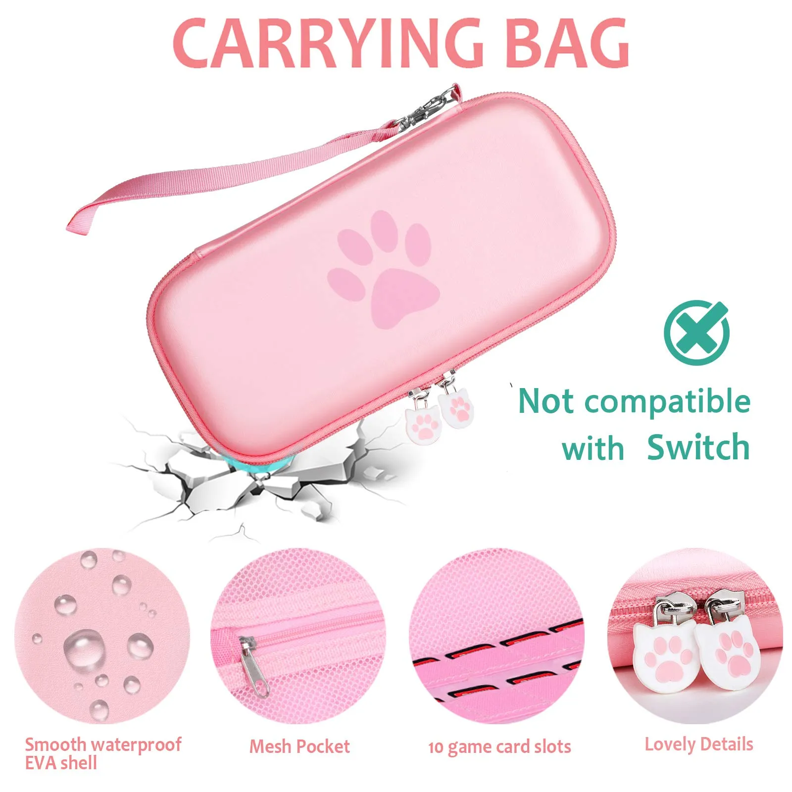 GeeRic 6 in 1 Kit per Switch Lite - 2 Vetri Temperati, Cover in Silicone, 2 Thumb Grips, Borsa, Accessori - Foglia Rosa - immagine 2