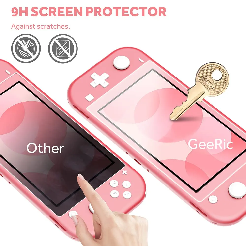 GeeRic 6 in 1 Kit per Switch Lite - 2 Vetri Temperati, Cover in Silicone, 2 Thumb Grips, Borsa, Accessori - Foglia Rosa - immagine 6