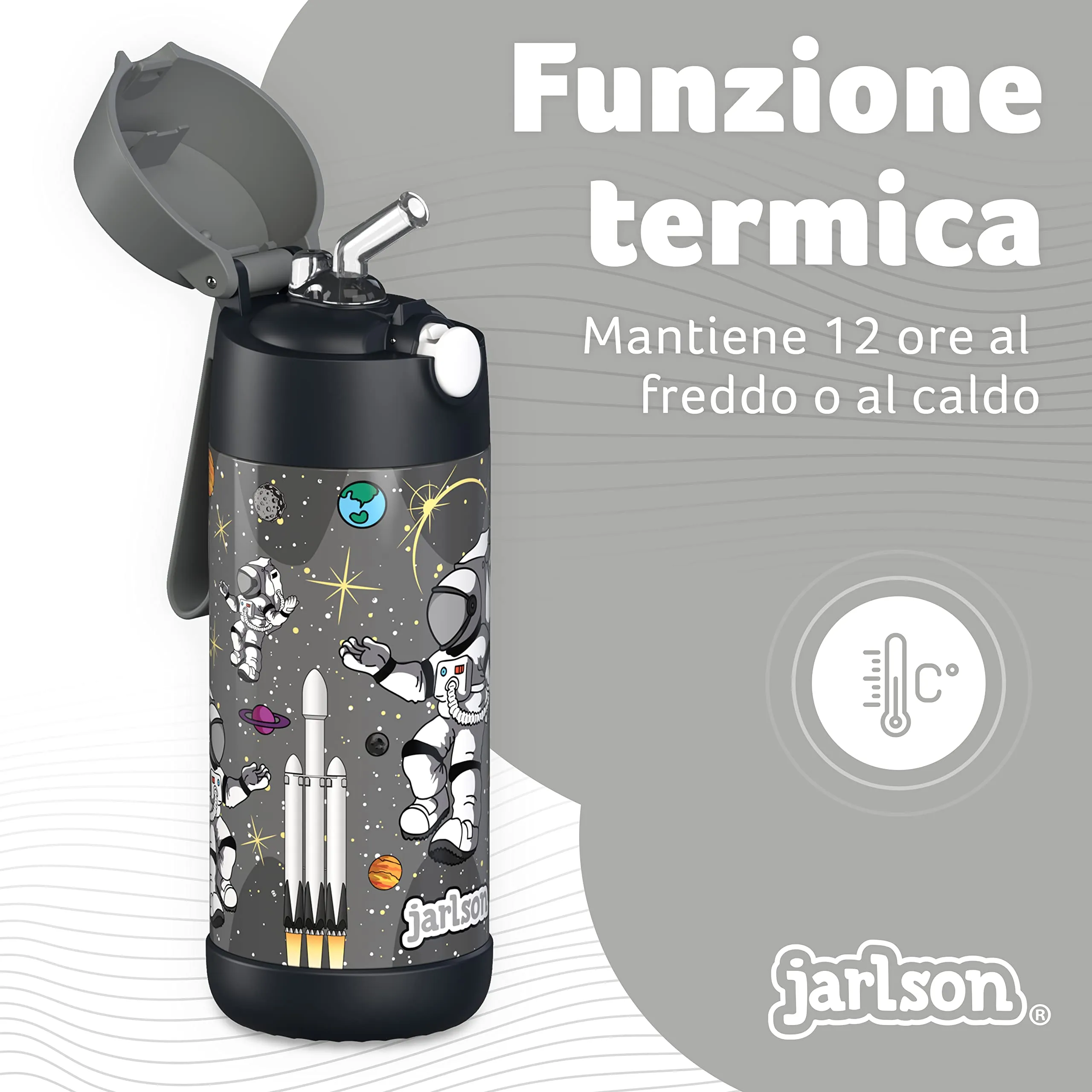 Jarlson Borraccia Termica Bambini Charli 350ml con Cannuccia, Acciaio Inox, Astronauta - immagine 2
