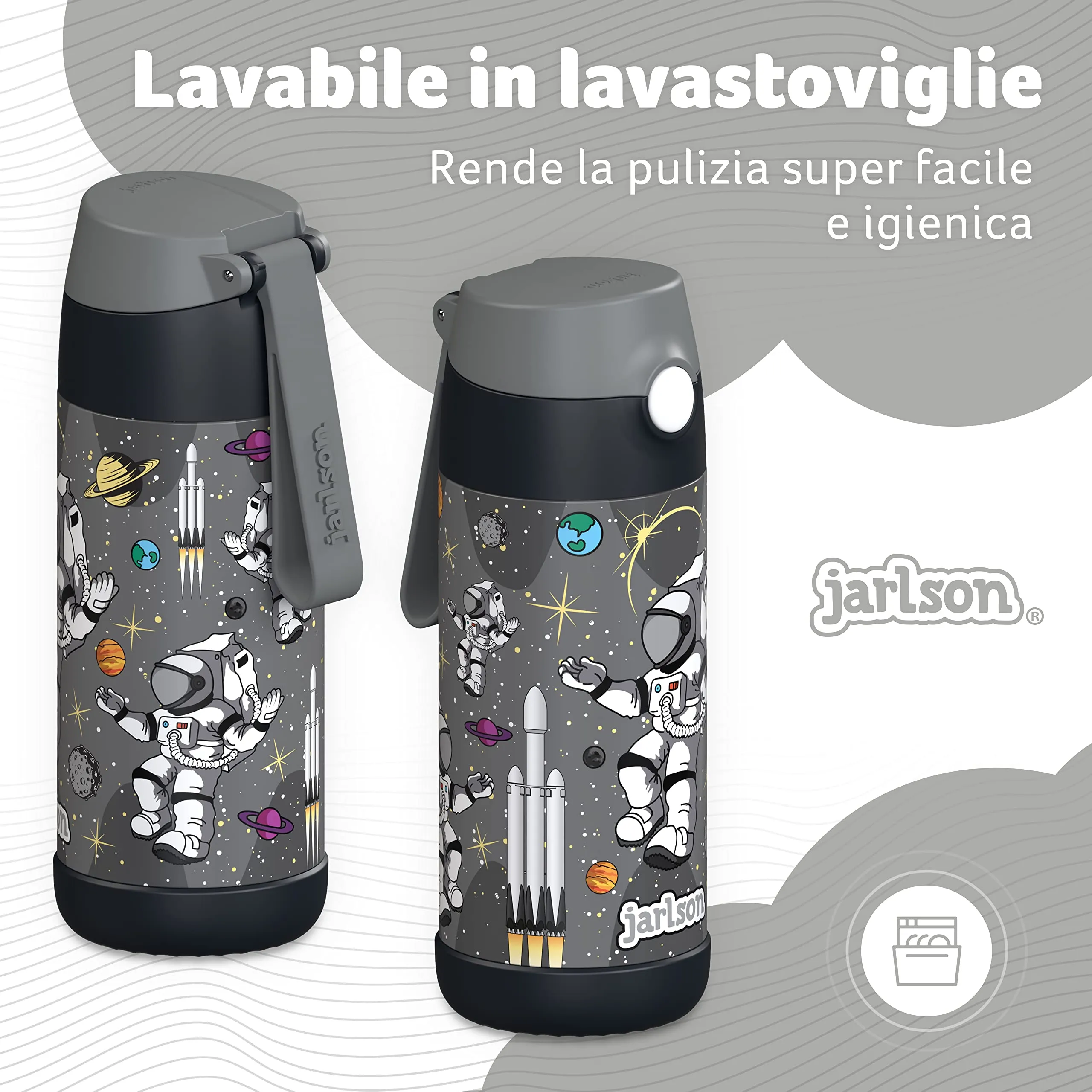 Jarlson Borraccia Termica Bambini Charli 350ml con Cannuccia, Acciaio Inox, Astronauta - immagine 4