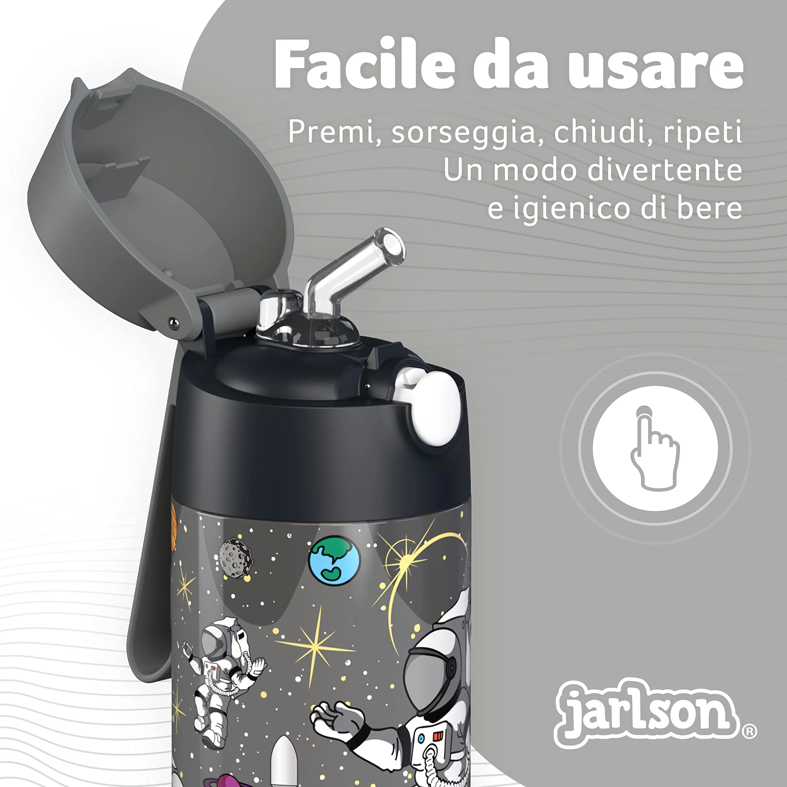 Jarlson Borraccia Termica Bambini Charli 350ml con Cannuccia, Acciaio Inox, Astronauta - immagine 6