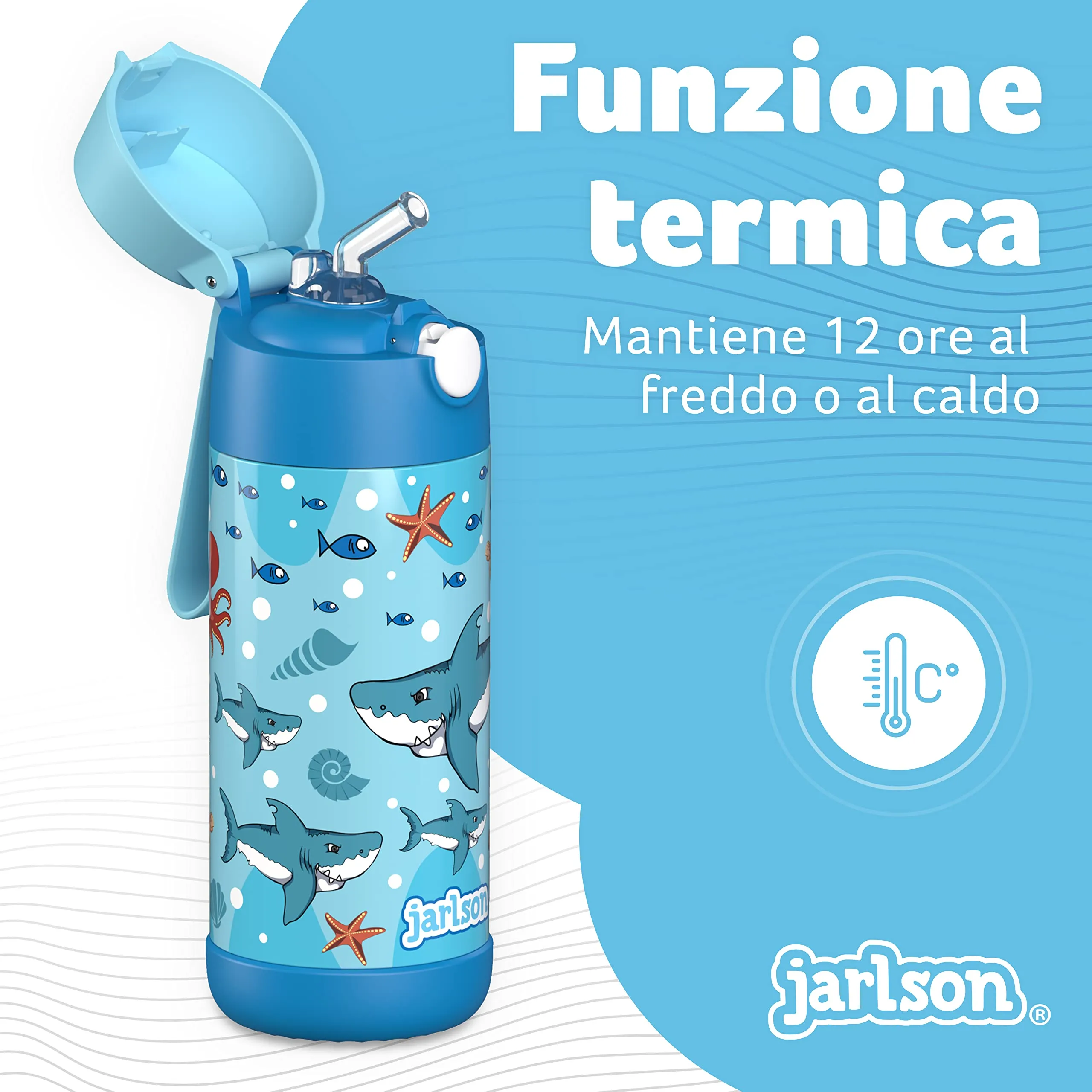 Jarlson Borraccia Termica Bambini Charli 350ml con Cannuccia, Acciaio Inox (Squalo) - immagine 2