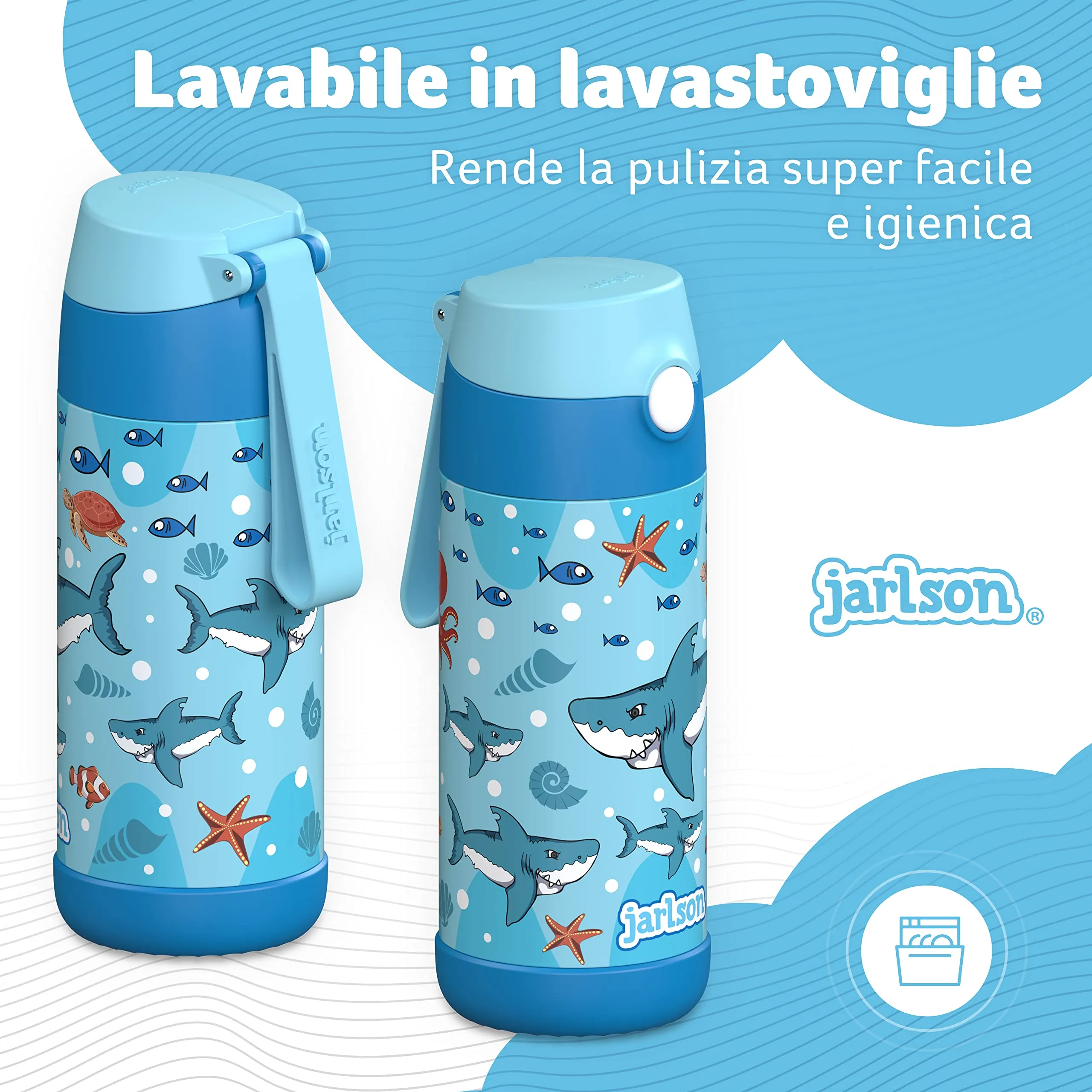 Jarlson Borraccia Termica Bambini Charli 350ml con Cannuccia, Acciaio Inox (Squalo) - immagine 4