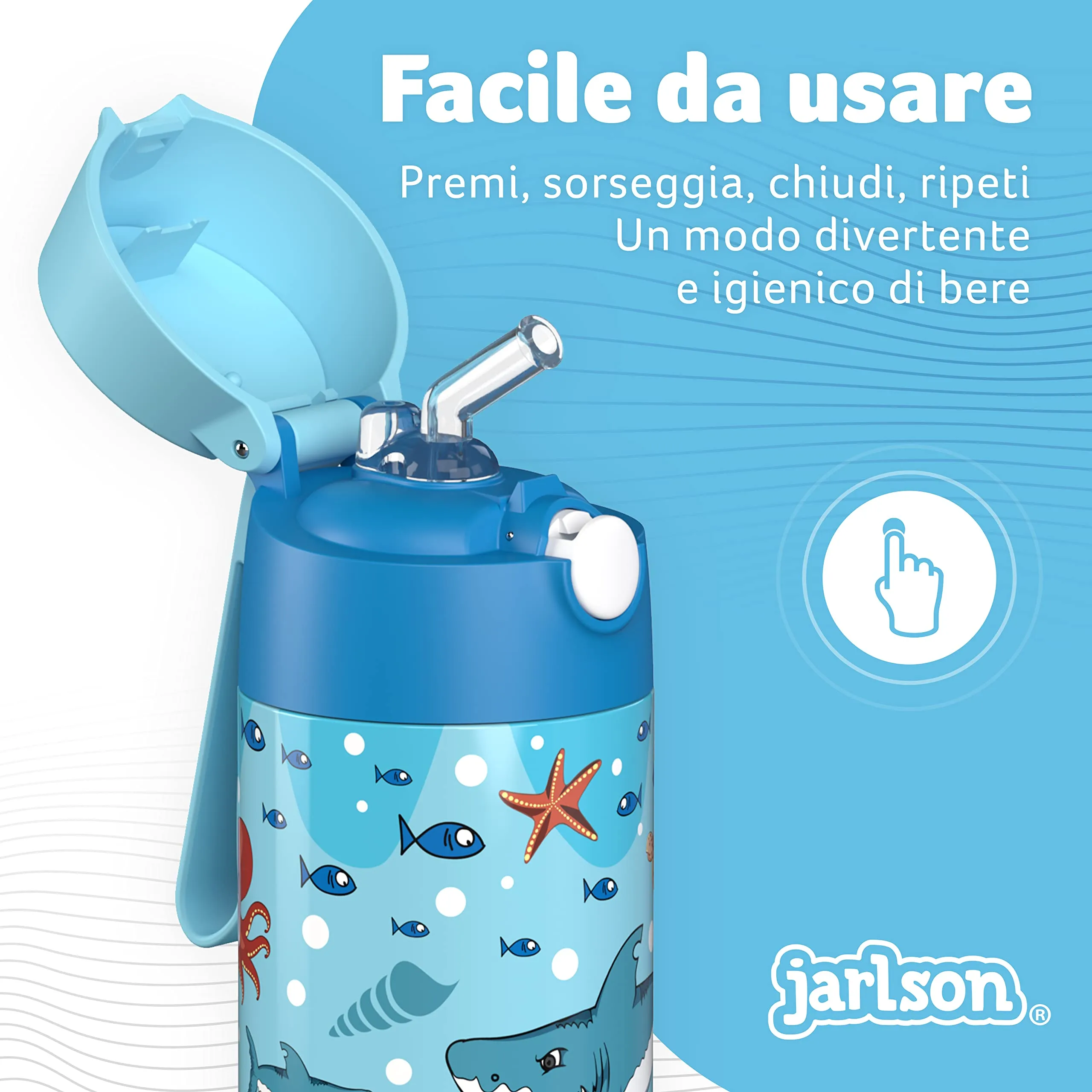 Jarlson Borraccia Termica Bambini Charli 350ml con Cannuccia, Acciaio Inox (Squalo) - immagine 6