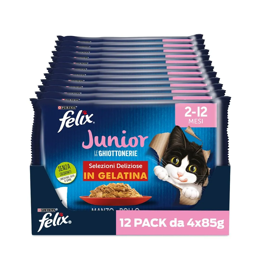 Felix Le Ghiottonerie Junior Cibo Umido per Gatti, Mix, 48 Bustine da 85g - immagine 1