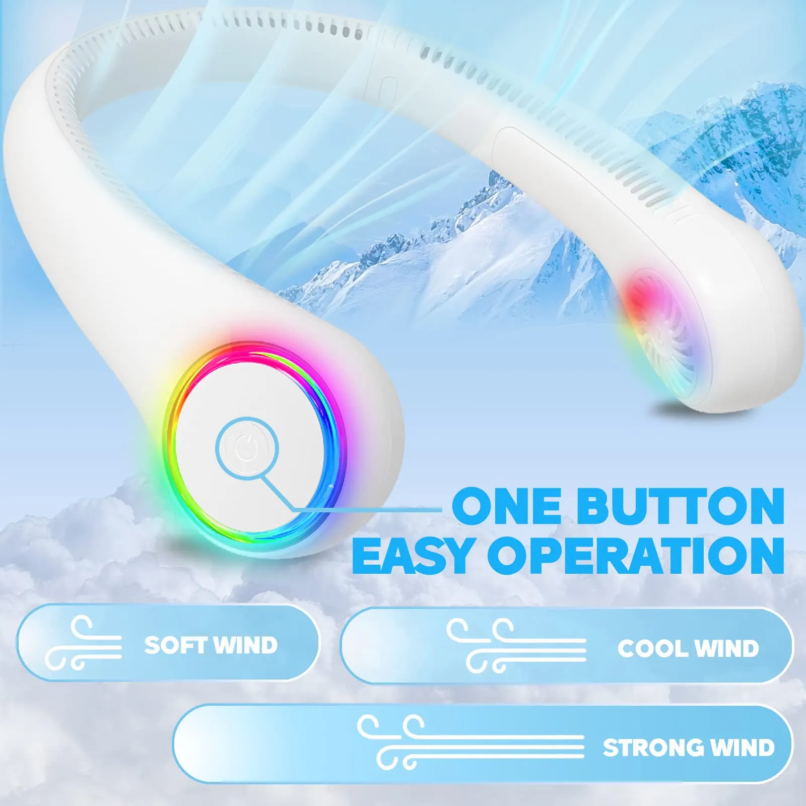 ITSHINY Ventilatore da Collo Portatile Senza Pale, Batteria 4000 mAh, 3 velocità e Luci LED - immagine 2