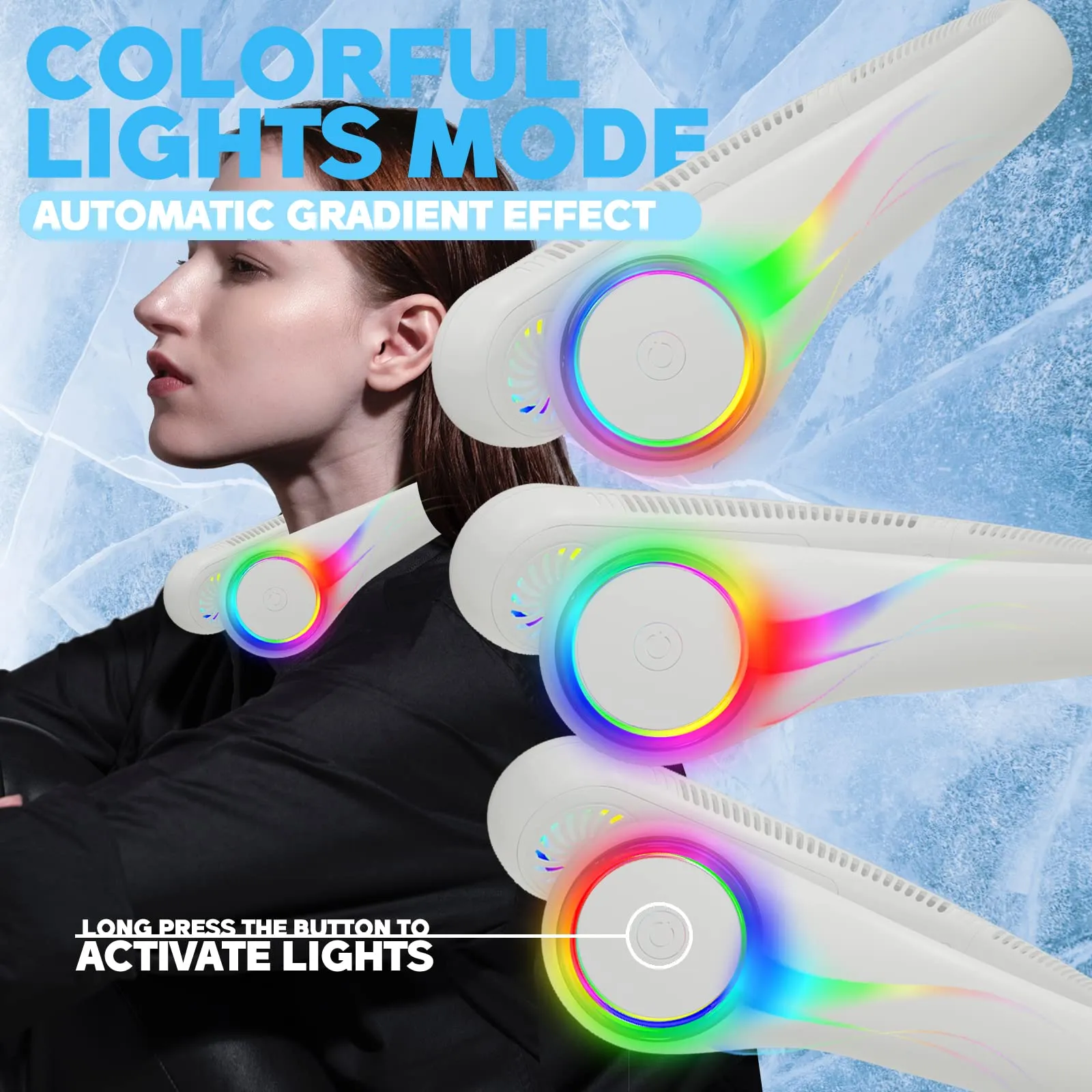 ITSHINY Ventilatore da Collo Portatile Senza Pale, Batteria 4000 mAh, 3 velocità e Luci LED - immagine 3
