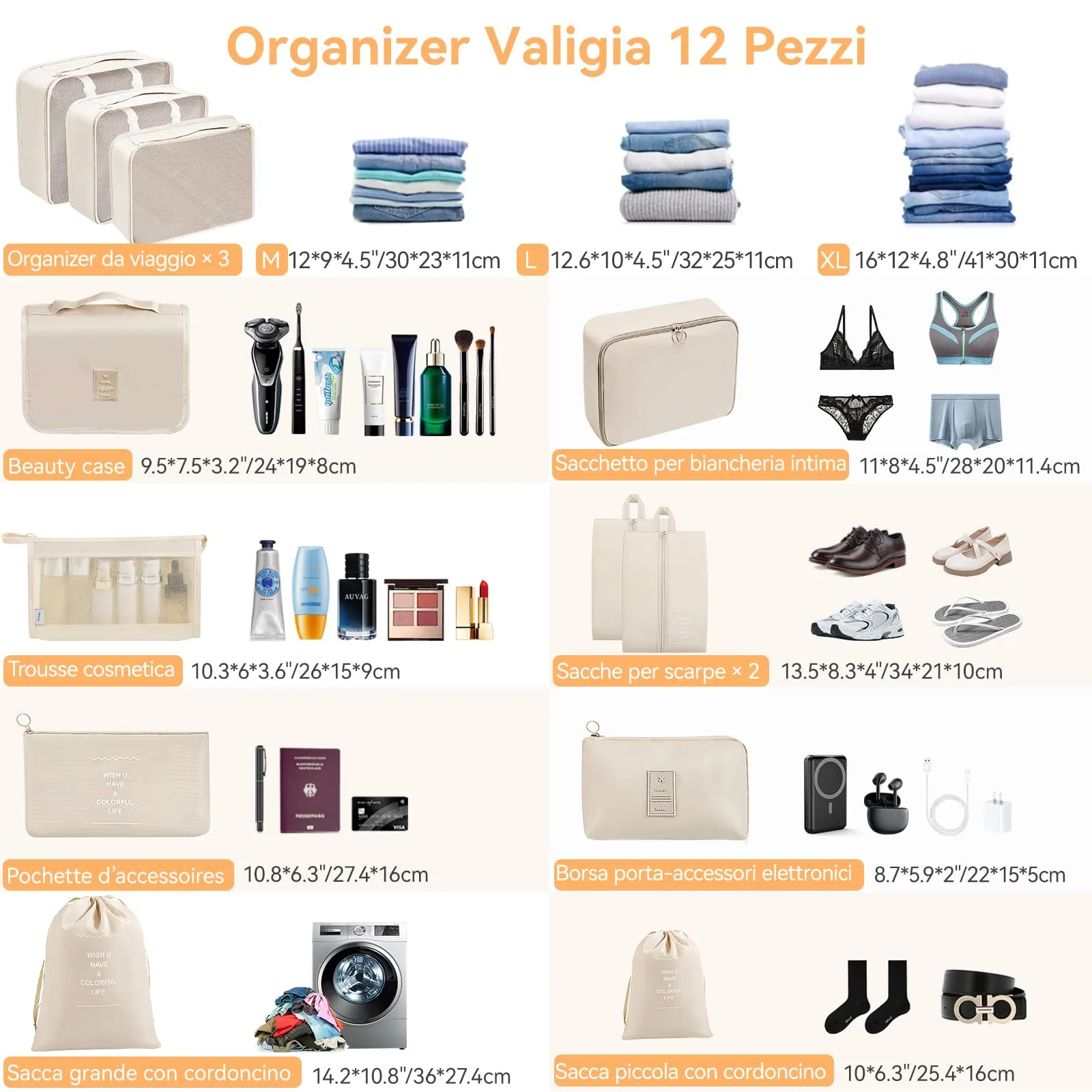 Chijoo Set Organizer per Valigia 12 Pezzi, Beige - immagine 2