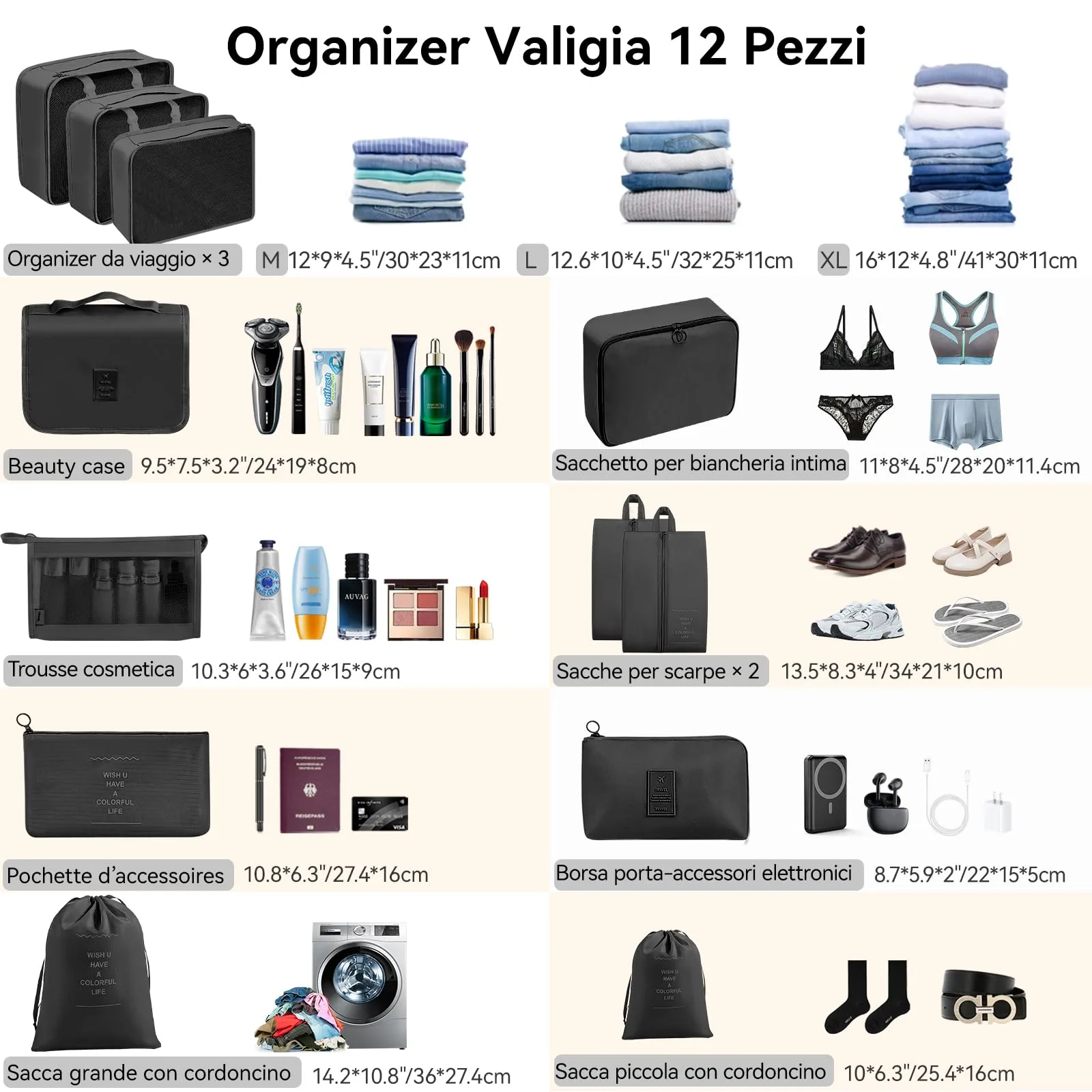 Chijoo Organizer Valigia 12 Pezzi, Nero - immagine 2