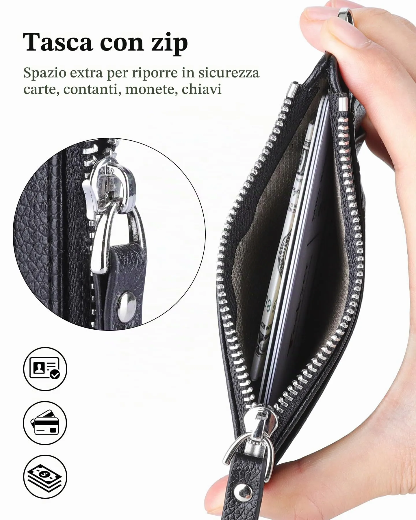 Teskyer Porta Carte Uomo Slim Minimalista con Blocco RFID, Finestra Identificativa e Cerniera, Nero - immagine 2