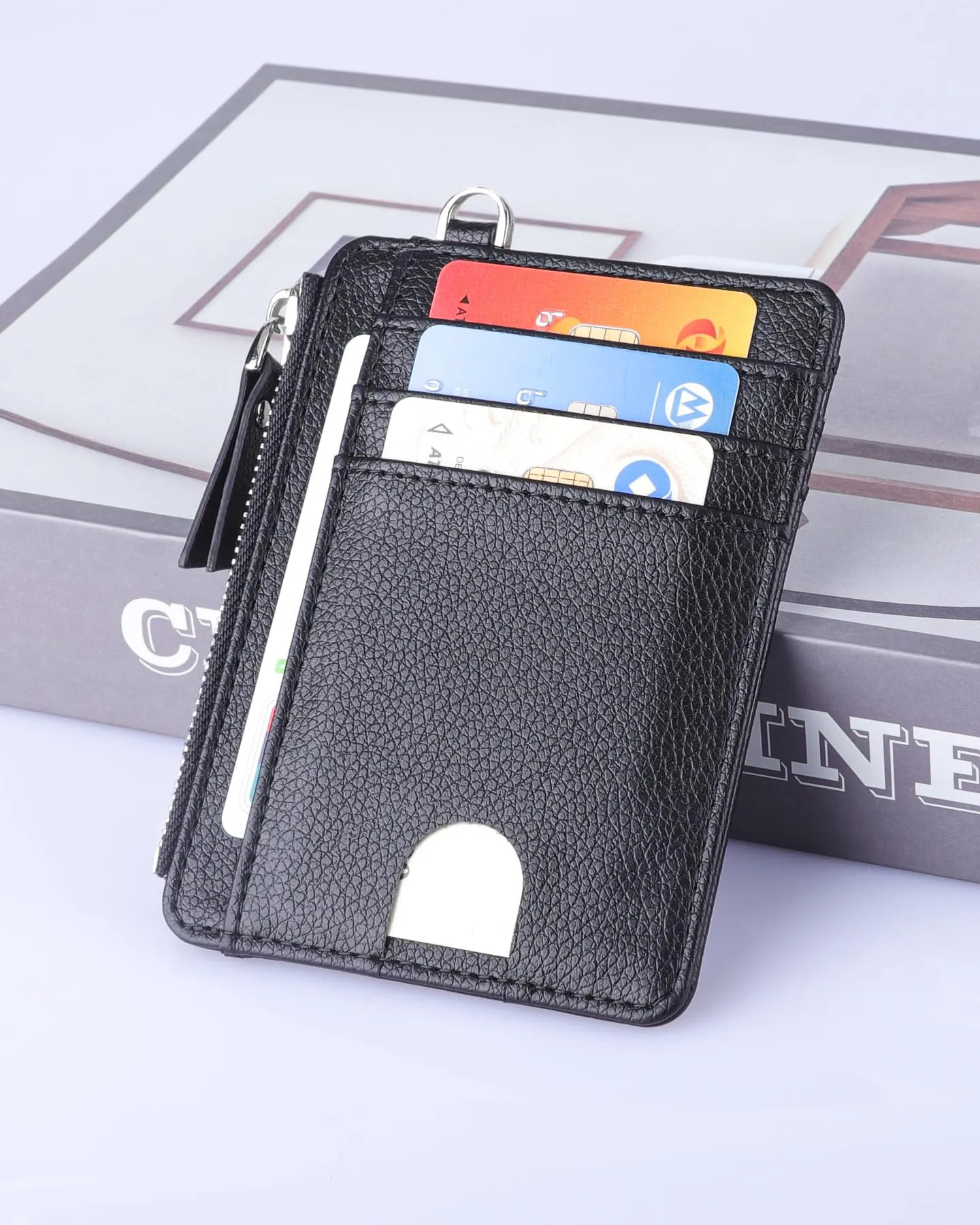 Teskyer Porta Carte Uomo Slim Minimalista con Blocco RFID, Finestra Identificativa e Cerniera, Nero - immagine 4