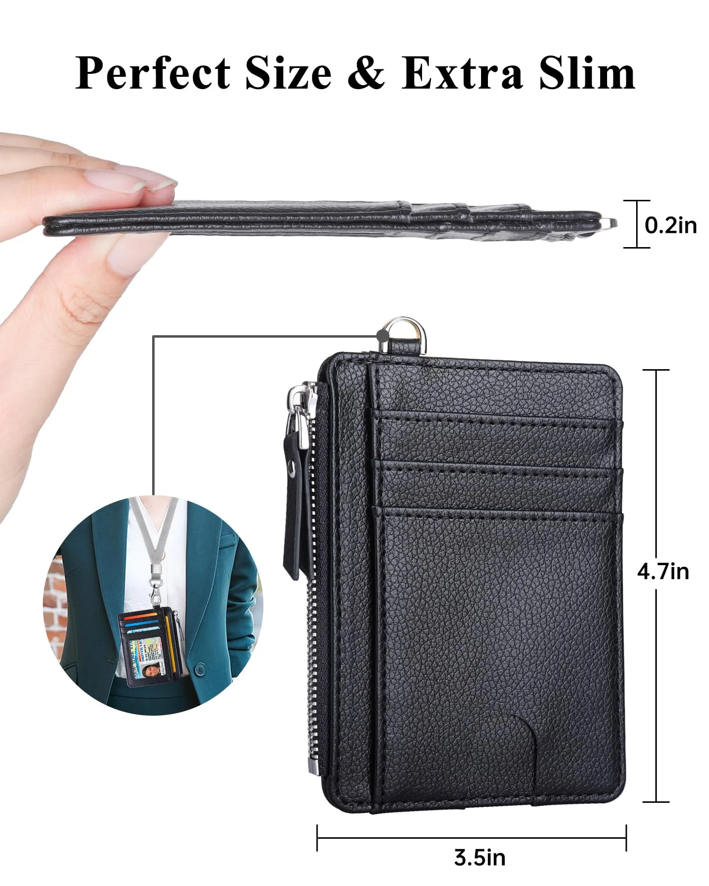Teskyer Porta Carte Uomo Slim Minimalista con Blocco RFID, Finestra Identificativa e Cerniera, Nero - immagine 5