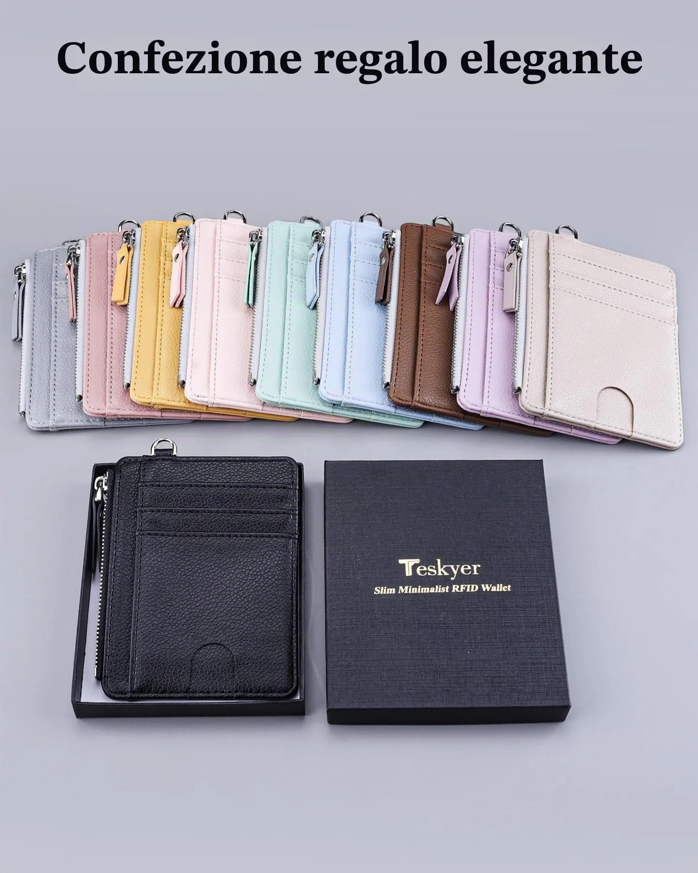 Teskyer Porta Carte Uomo Slim Minimalista con Blocco RFID, Finestra Identificativa e Cerniera, Nero - immagine 7