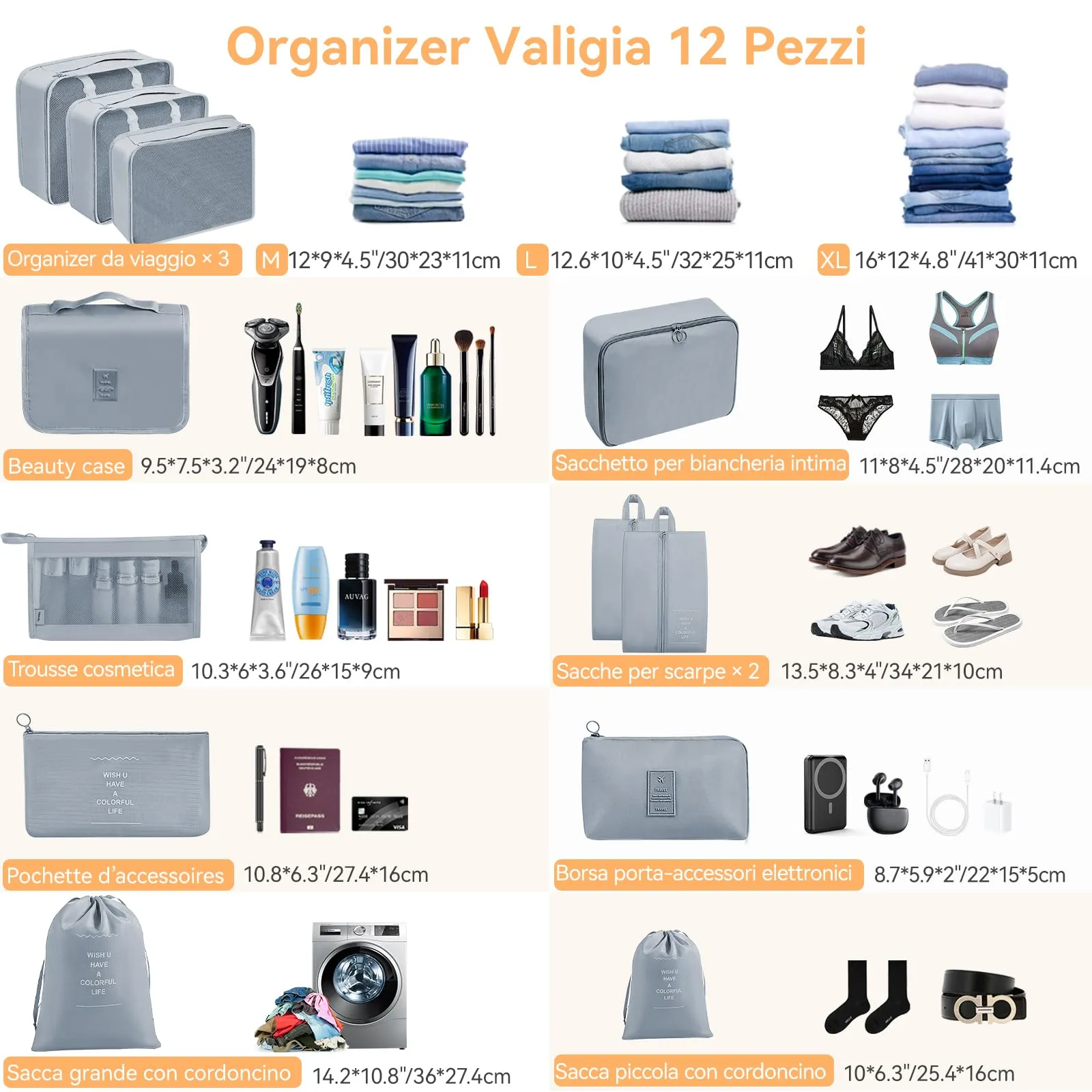 Chijoo Organizer Valigia 12 Pezzi, Grigio - immagine 2