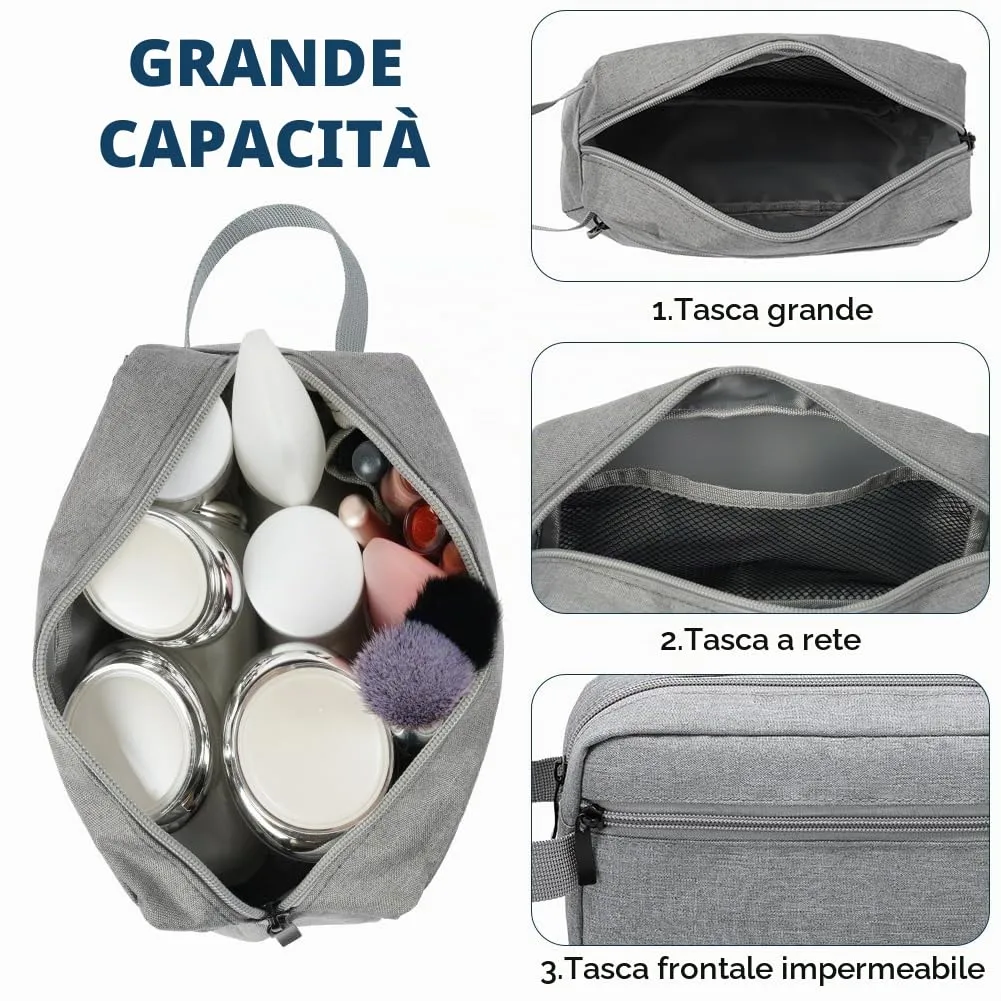 Aucuu Borsa da Toilette Impermeabile per Uomo e Donna, Beauty Case da Viaggio in Tessuto Oxford con Ampia Apertura e Maniglia, Grigio - immagine 3