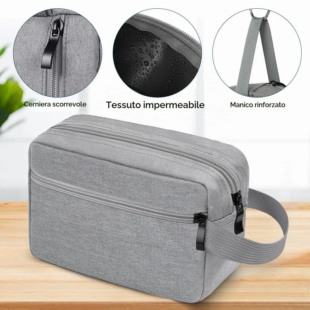 Aucuu Borsa da Toilette Impermeabile per Uomo e Donna, Beauty Case da Viaggio in Tessuto Oxford con Ampia Apertura e Maniglia, Grigio - immagine 4