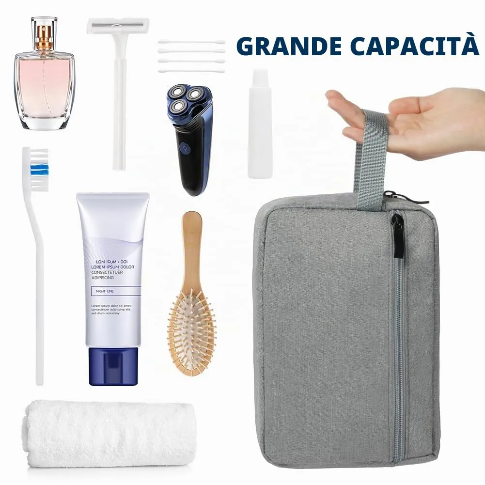 Aucuu Borsa da Toilette Impermeabile per Uomo e Donna, Beauty Case da Viaggio in Tessuto Oxford con Ampia Apertura e Maniglia, Grigio - immagine 5