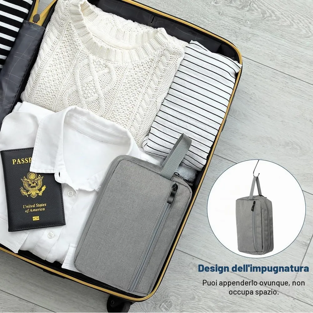 Aucuu Borsa da Toilette Impermeabile per Uomo e Donna, Beauty Case da Viaggio in Tessuto Oxford con Ampia Apertura e Maniglia, Grigio - immagine 6