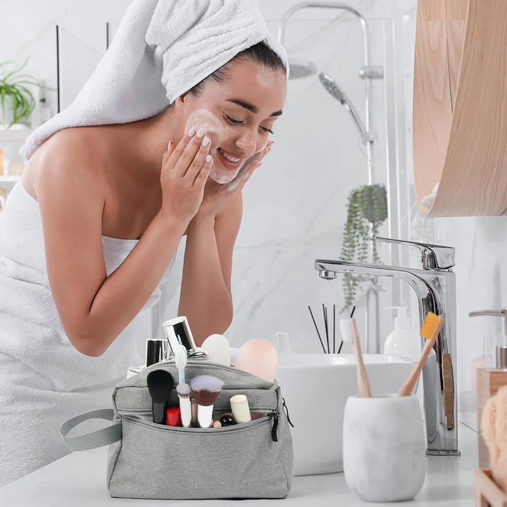 Aucuu Borsa da Toilette Impermeabile per Uomo e Donna, Beauty Case da Viaggio in Tessuto Oxford con Ampia Apertura e Maniglia, Grigio - immagine 7