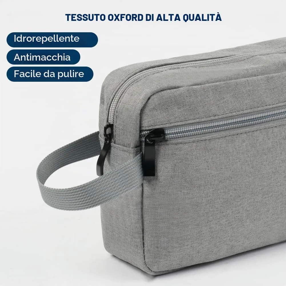 Aucuu Borsa da Toilette Impermeabile per Uomo e Donna, Beauty Case da Viaggio in Tessuto Oxford con Ampia Apertura e Maniglia, Grigio - immagine 8