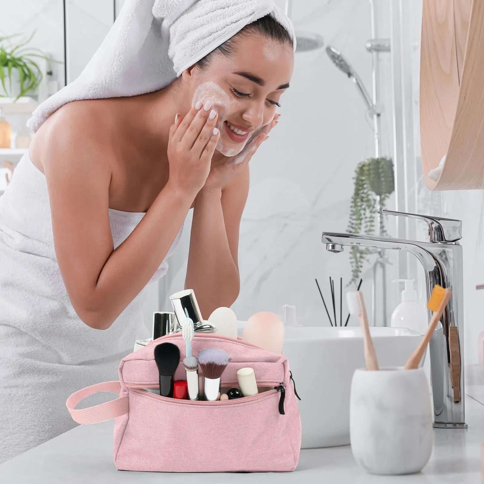 Aucuu Borsa da Toilette Grande Impermeabile per Uomo e Donna, Beauty Case da Viaggio per Barba e Accessori - immagine 7