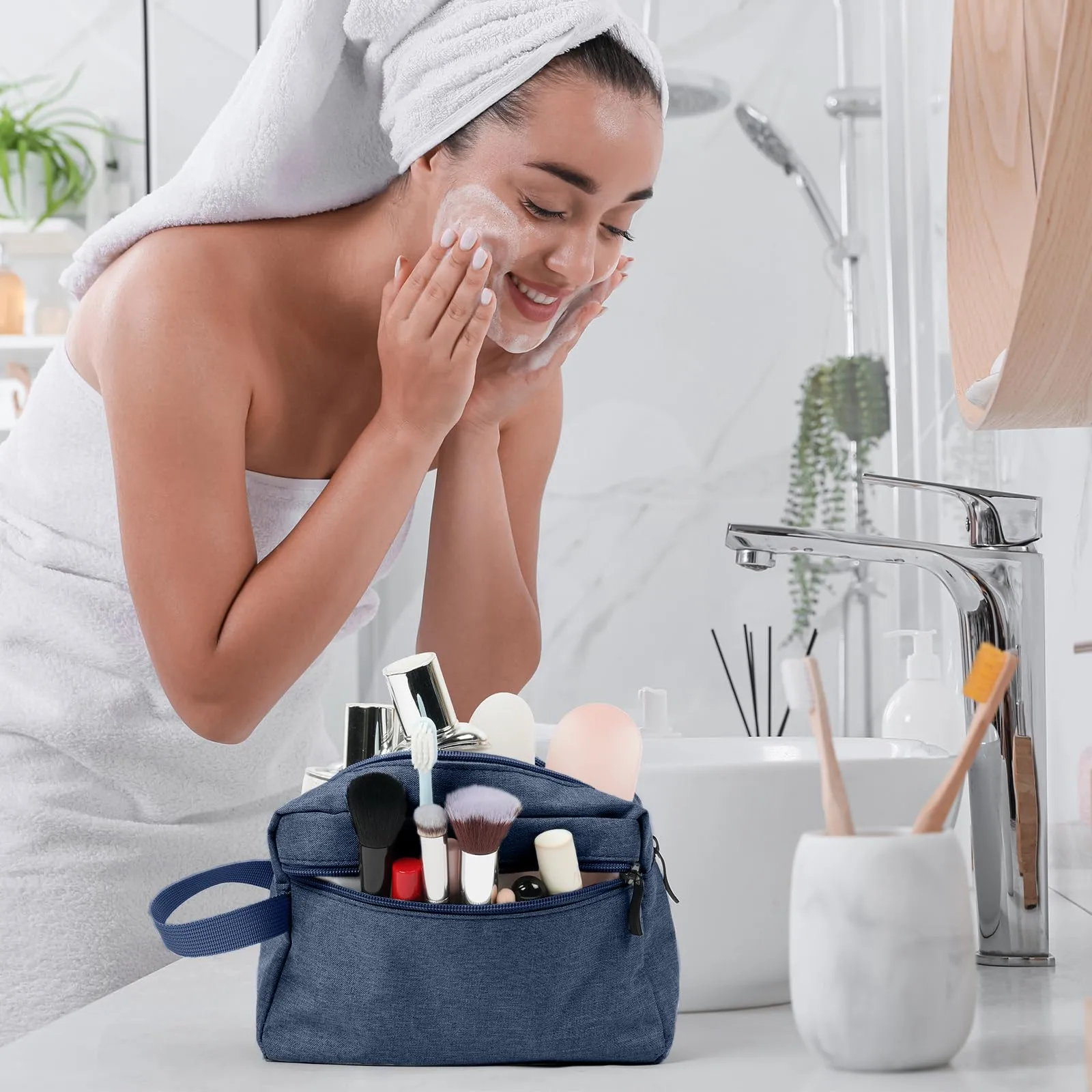 Aucuu Borsa da Toilette Grande per Uomo e Donna, Beauty Case da Viaggio Resistente all'Acqua, Trousse per Barba e Kit Doppio - immagine 7
