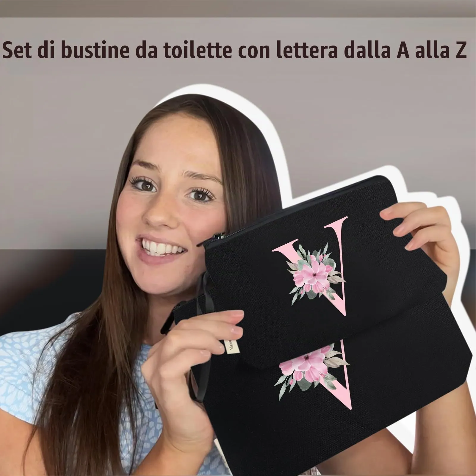 Vavabox Beauty Case con Iniziale Personalizzata (V, 03-Nero, 2 Pezzi) - immagine 6
