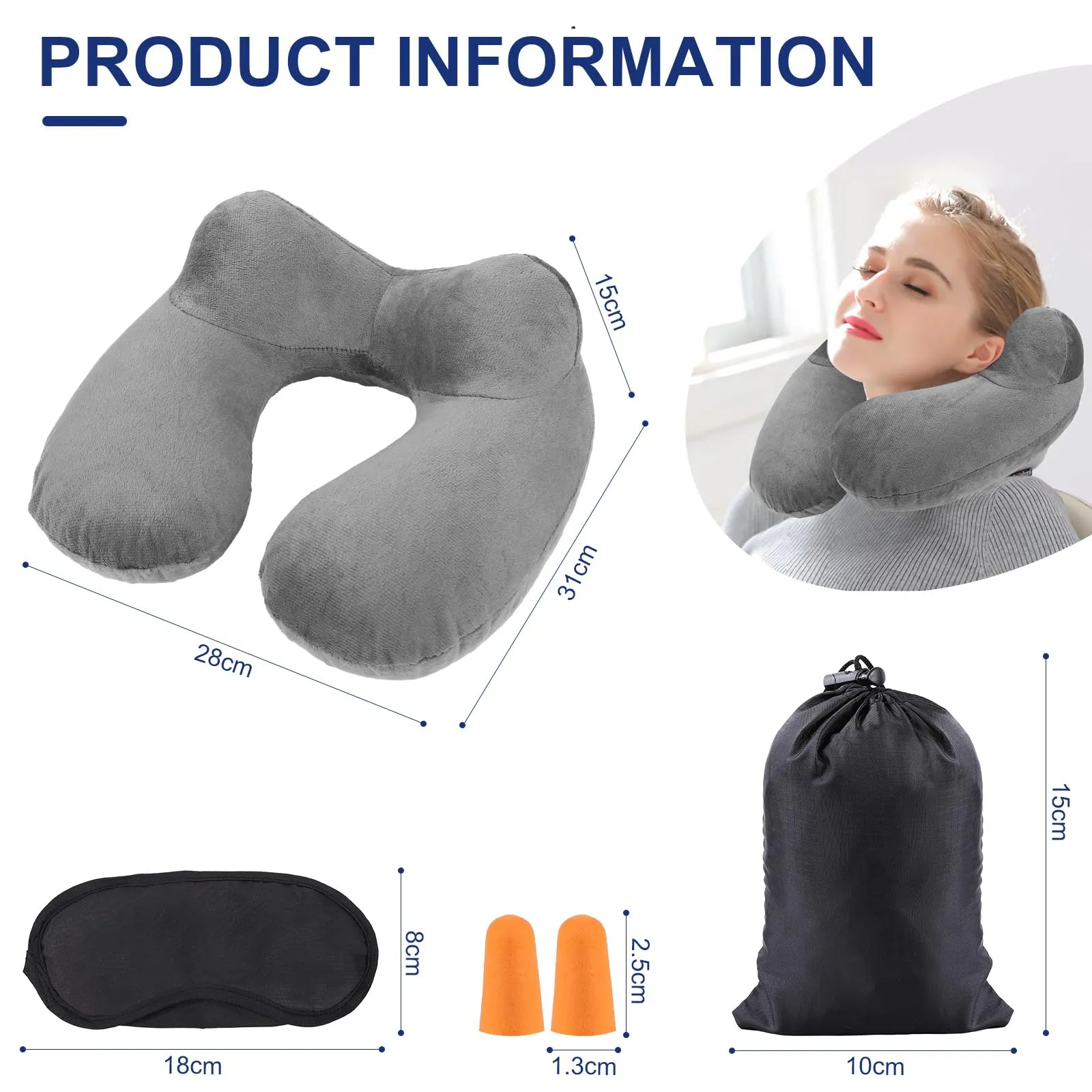 AiQInu Cuscino da Viaggio Gonfiabile per Collo con Federa Lavabile, Tappi per le Orecchie, Maschera e Borsa per Trasporto - immagine 2