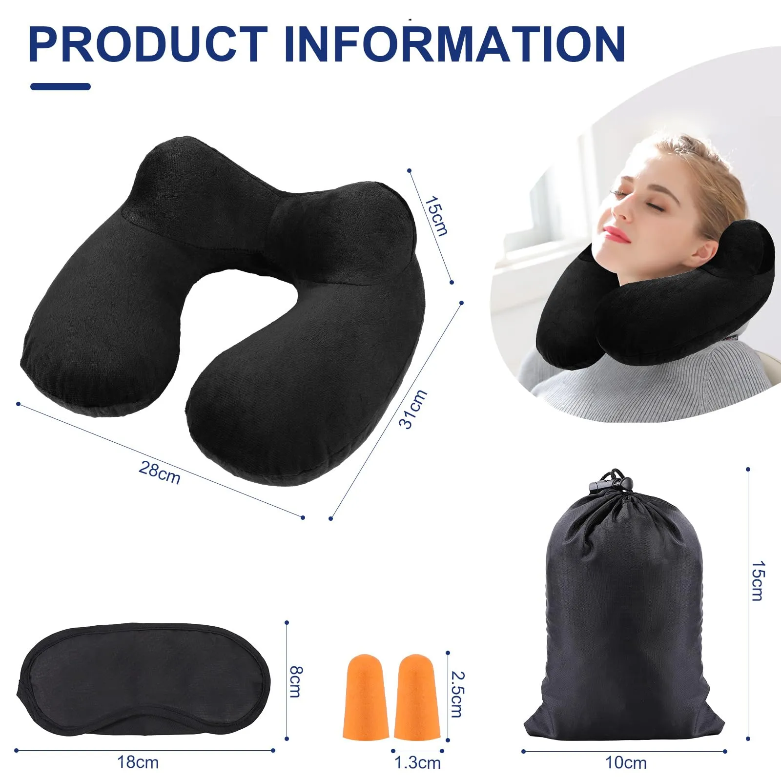 AiQInu Cuscino da Viaggio Gonfiabile per Collo con Federa Lavabile, Tappi per le Orecchie, Maschera e Borsa per Trasporto - immagine 2