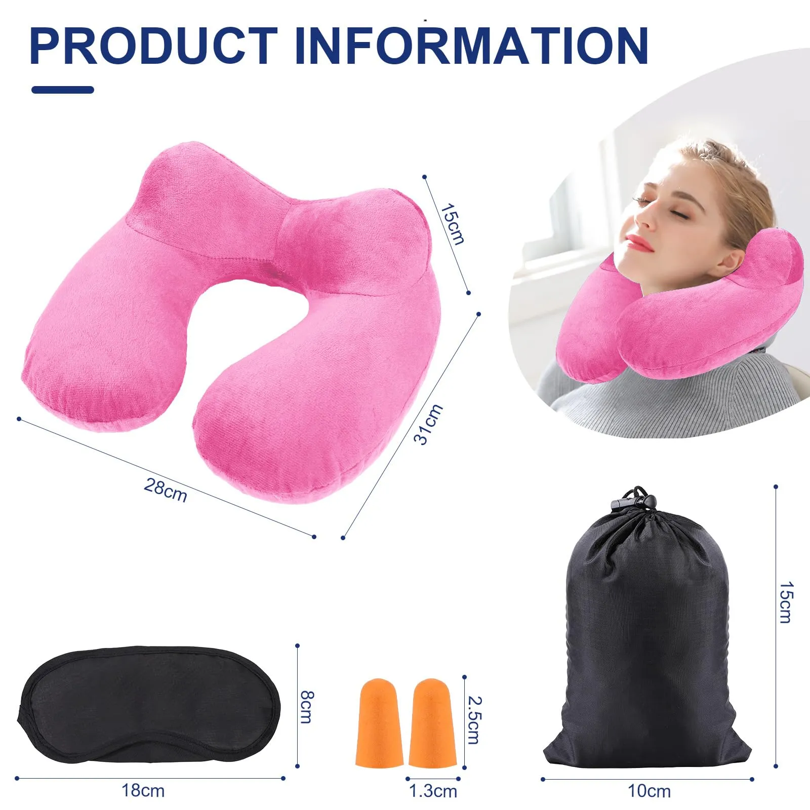 AiQInu Cuscino da Viaggio Gonfiabile per Collo con Federa Lavabile, Tappi per le Orecchie, Maschera e Borsa per Trasporto - immagine 2