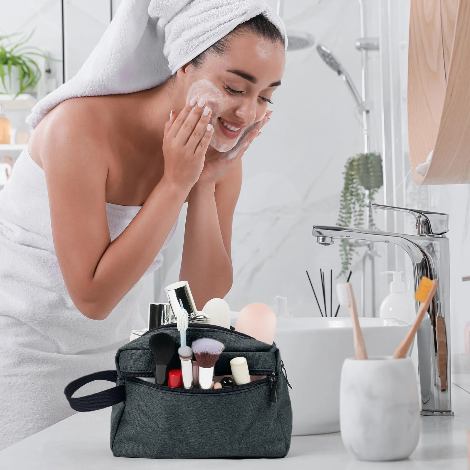 Aucuu Borsa da Toilette Grande per Uomo e Donna, Beauty Case da Viaggio Impermeabile per Barba e Accessori - immagine 7