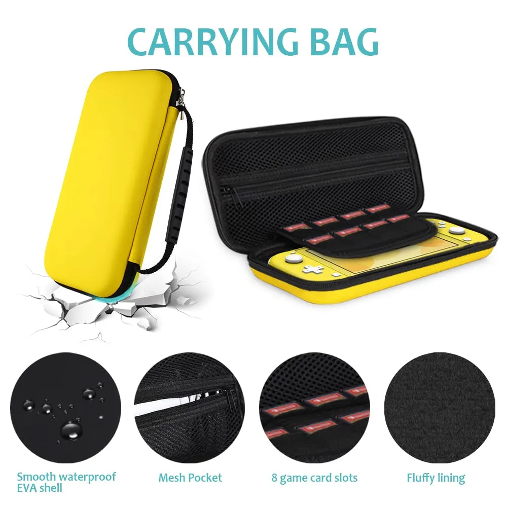 GeeRic 8-in-1 Kit Compatibile per Switch Lite, 2 Vetri Temperati, Cover, 4 Thumb Grips e Borsa Accessori - Giallo - immagine 2